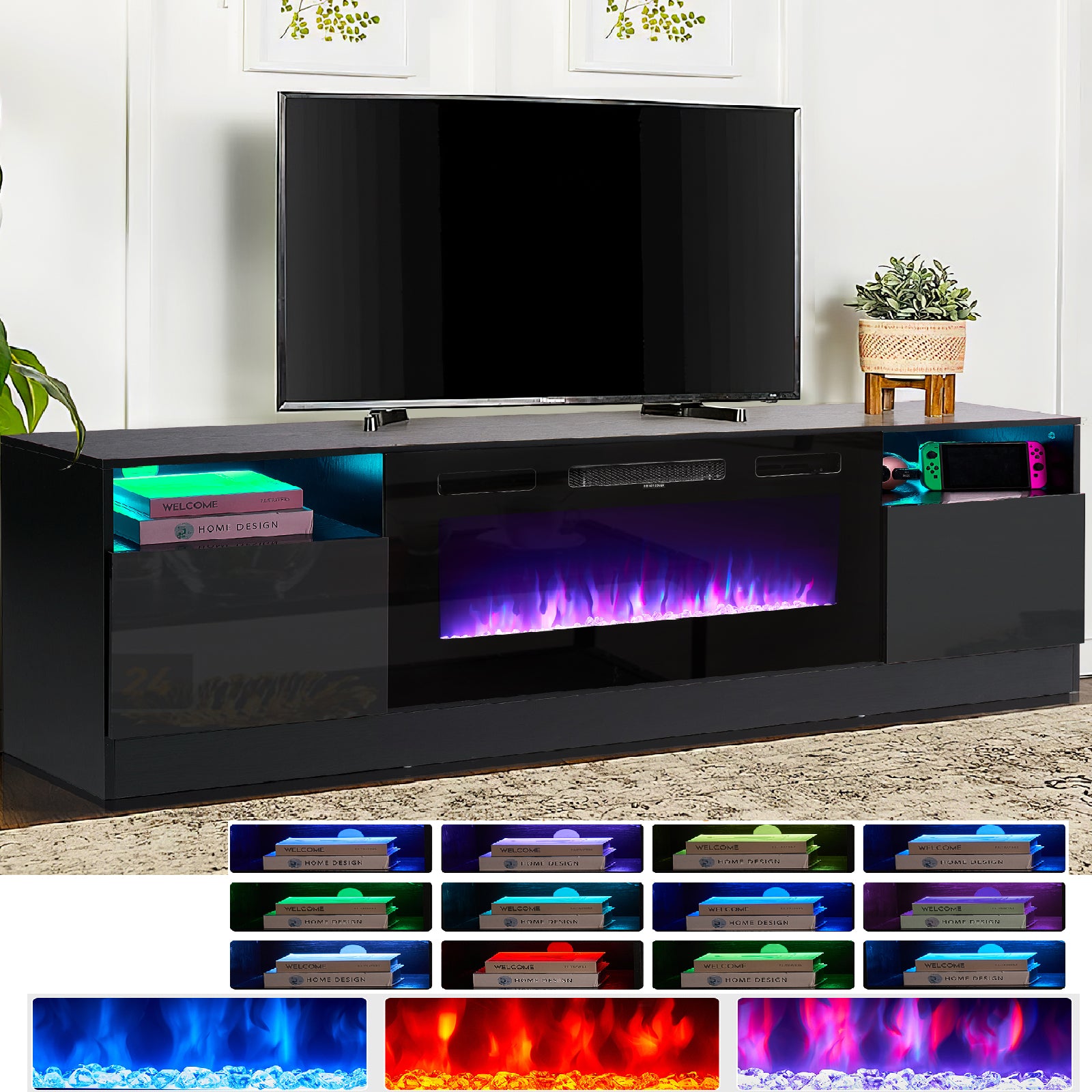 Fireplace TV Stand for TVs up to 80", TV Stand with 36'' Electric Fireplace, LED Lights Entertainment Center, TV Console, Black