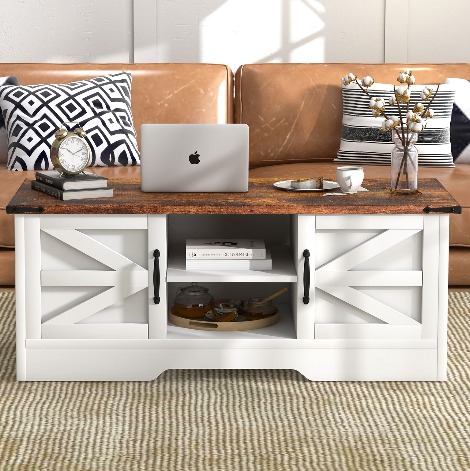 Modern Farmhouse Coffee Table, with Large Storage Space, for Living Room, Family Room, White