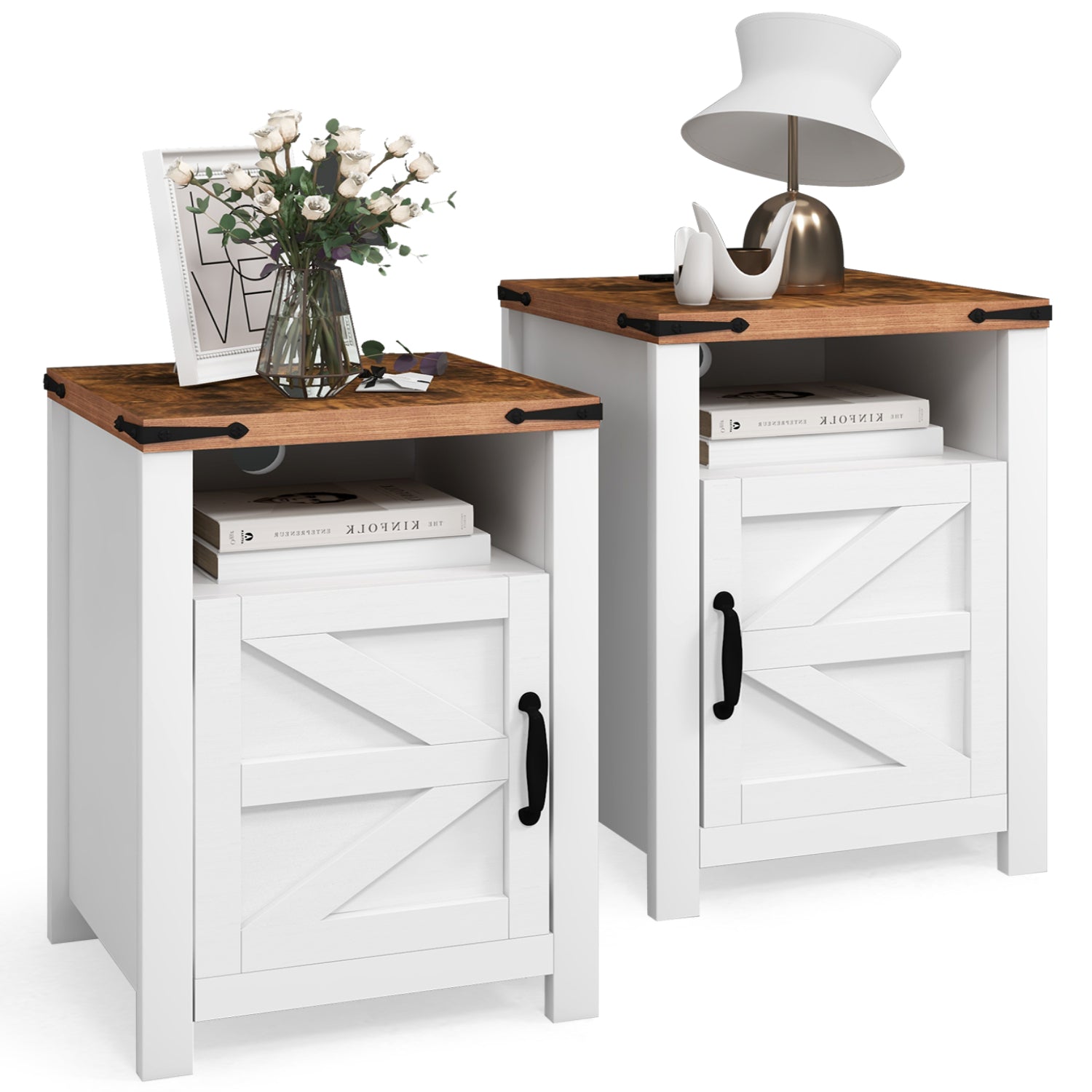 Nightstand with Charging Station 2-Piece Set, Farmhouse End Table with Barn Door &Storage Space for Livingroom and Bedroom, White