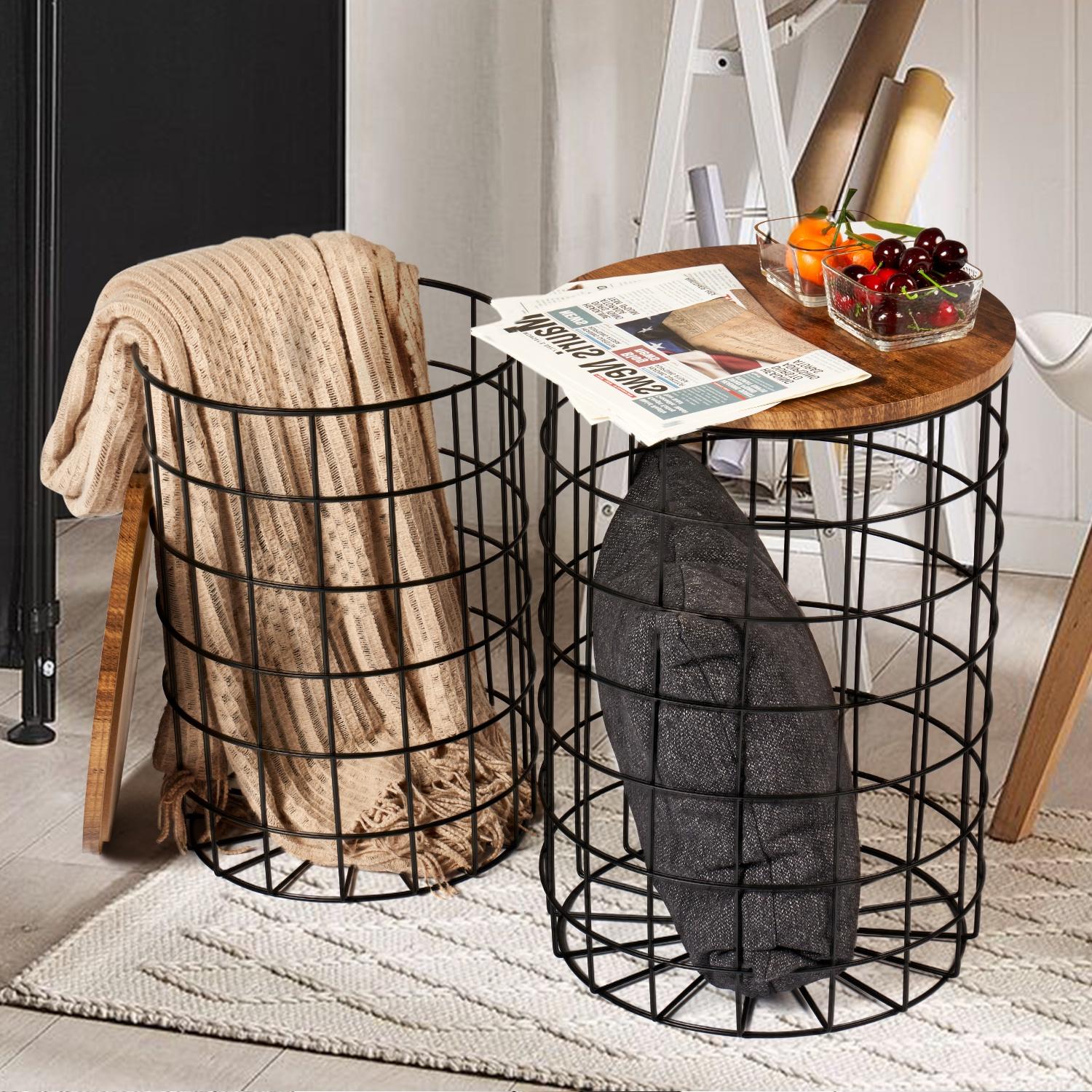 Set of 2 Nesting End Tables, Rustic Side Table with Wood Tabletop and Wire Basket Storage, Wire Basket Table for Living Room, Home Office