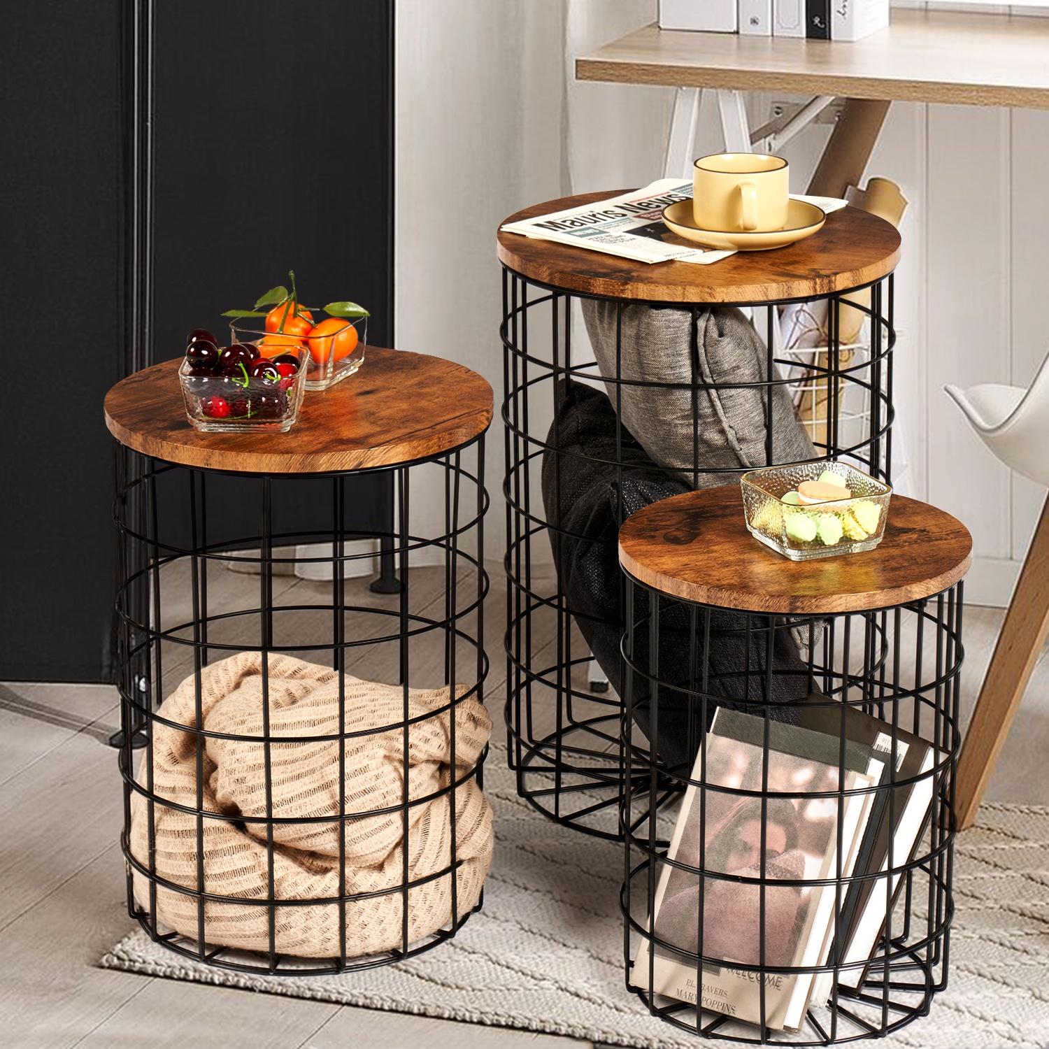 Set of 3 Nesting End Tables, Rustic Side Tables with Removable Top&Metal Frame, Wire Basket Table for Living Room, Home Office