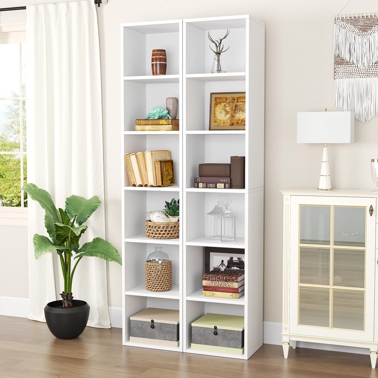 Oneinmil Tall Narrow Bookshelf Set of 2,6-Tier Cube Display Rack, Modern Corner Bookshelf with Storage Space, Storage Cabinet for Home Office,White