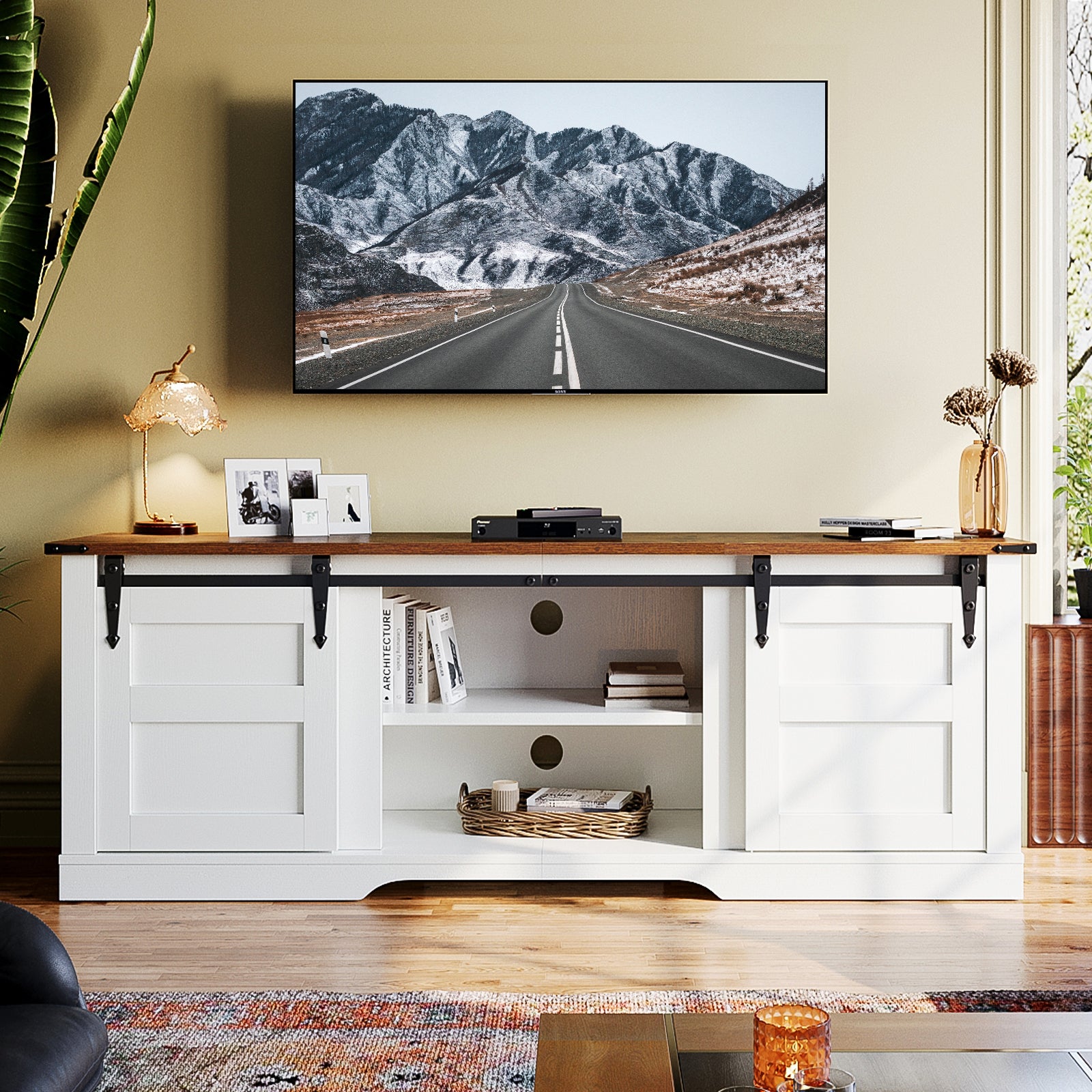 White Modern Farmhouse Barn Door TV Stand for TVs up to 65", with Large Storage Space, for Living Room, Bedroom