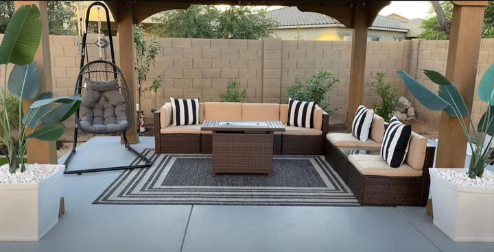 Wicker Patio Furniture Sofa Set with Fire Pit Table