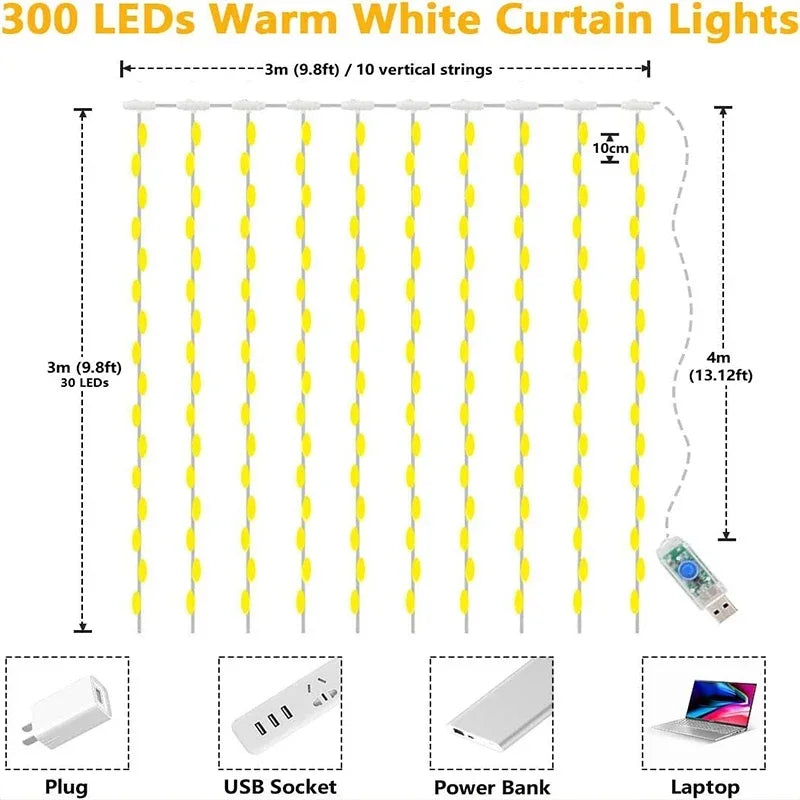 LED Curtain String Lights, IP65 Waterproof USB Powered