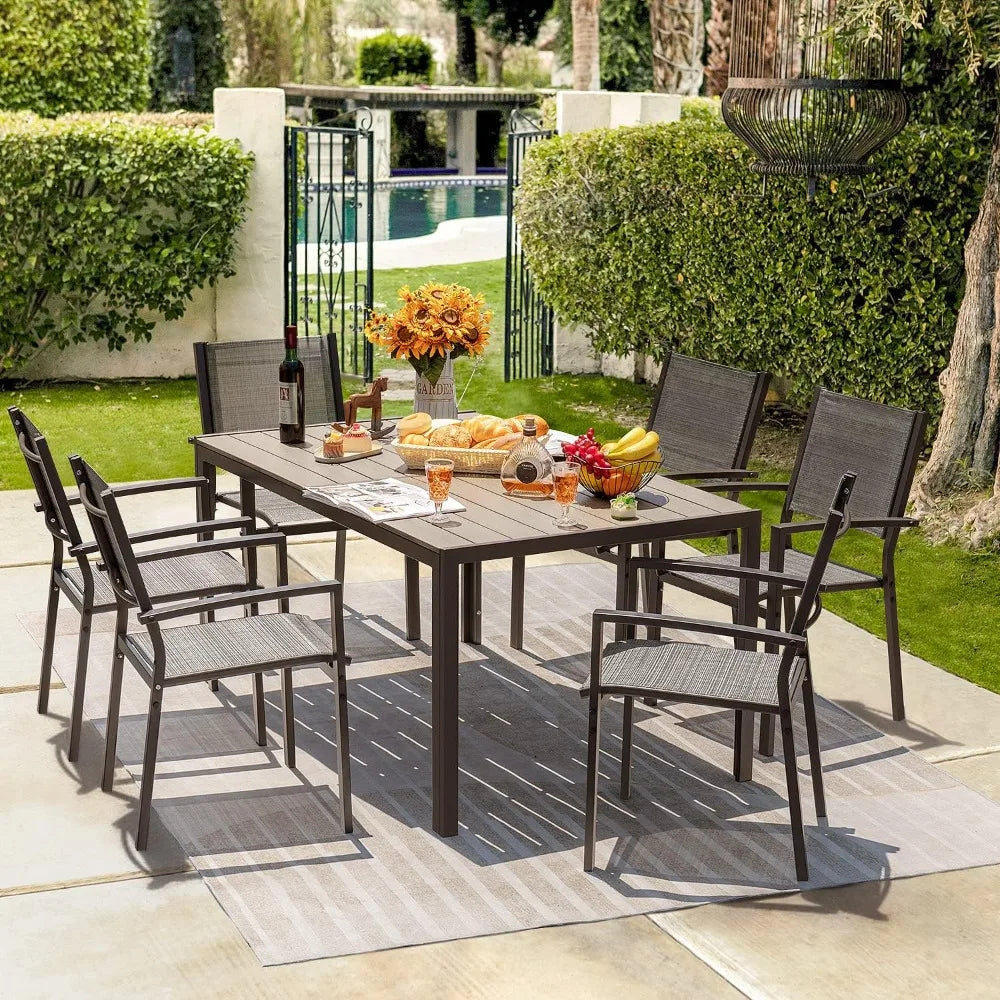 Patio Dining Set with 6 Stackable Textilene Chairs and Large Table