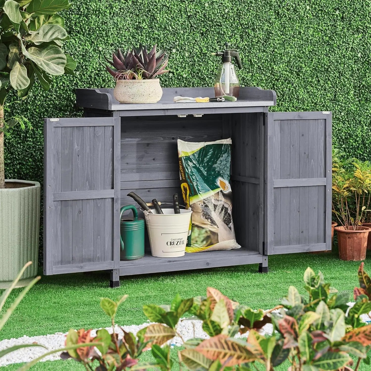 Potting Bench Table, Wooden Storage Cabinet with Removable Shelf