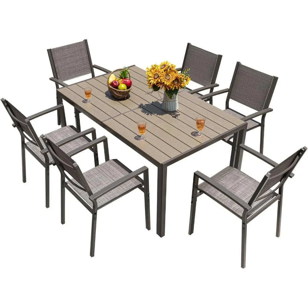 Patio Dining Set with 6 Stackable Textilene Chairs and Large Table