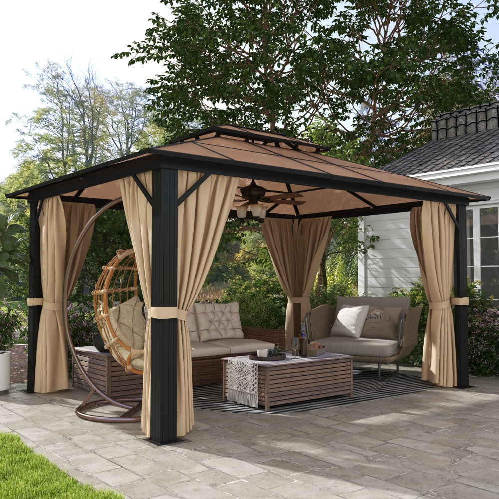 10x13 ft Patio Hardtop Gazebo, Aluminum Furniture Gazebo with Netting and Curtains for Garden, Brown