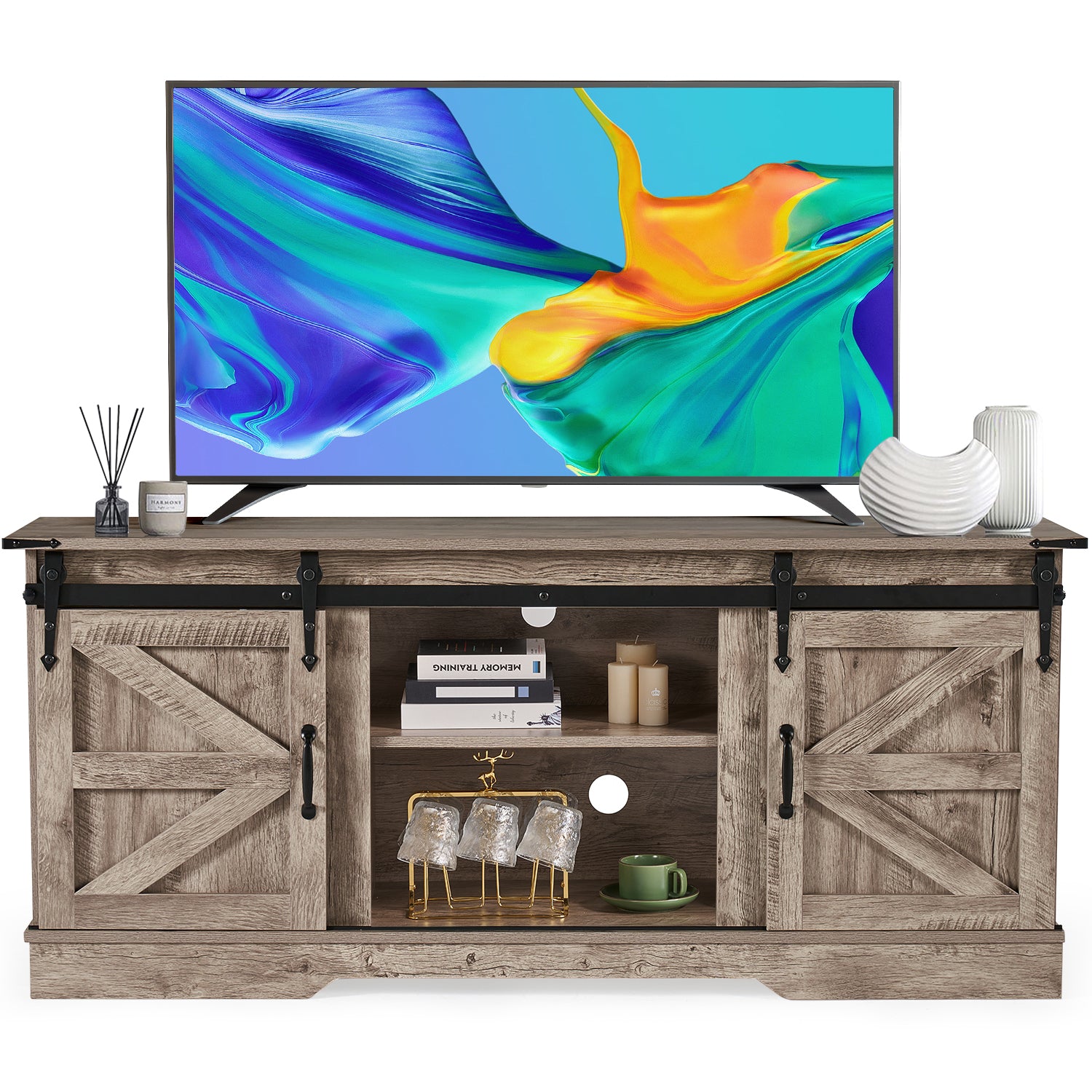 Sonegra 58" Farmhouse TV Stand for TVs up to 65", Sliding Track Doors and Thickened Base,Grey