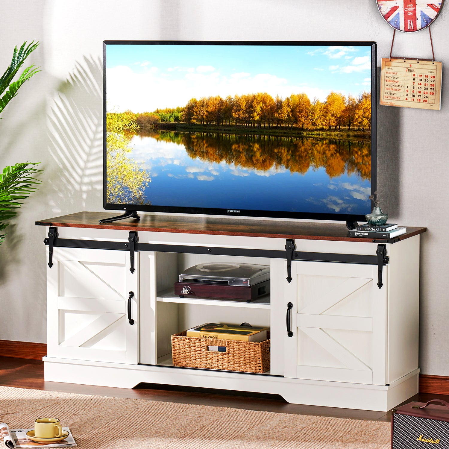 58" Farmhouse TV Stand for TVs up to 65", Sliding Track Doors and Thickened Base, White