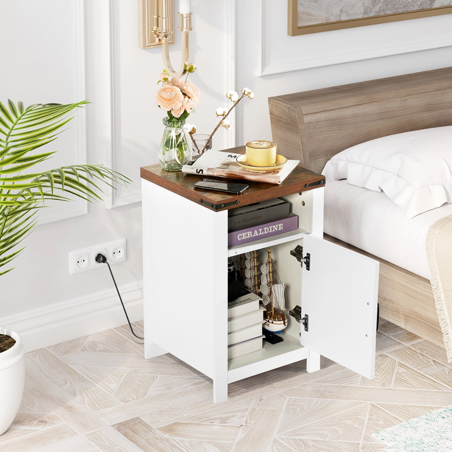 Farmhouse End Table Set of 2, 2 Pcs Nightstand Side Table with Storage, White