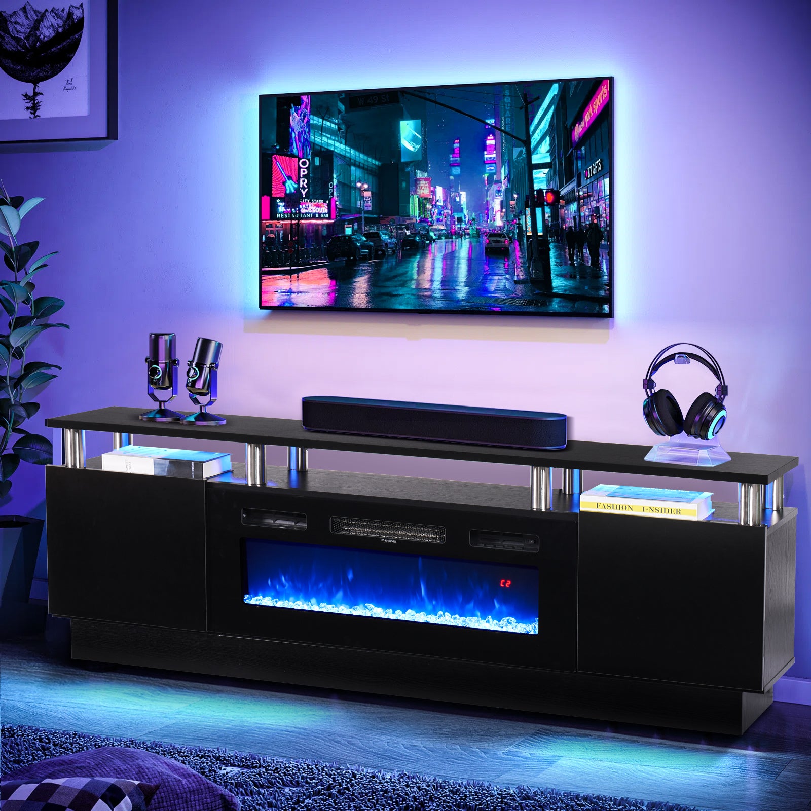 Fireplace TV Stand with 36" Electric Fireplace, Led Light Entertainment Center for TVs up To 80", Black