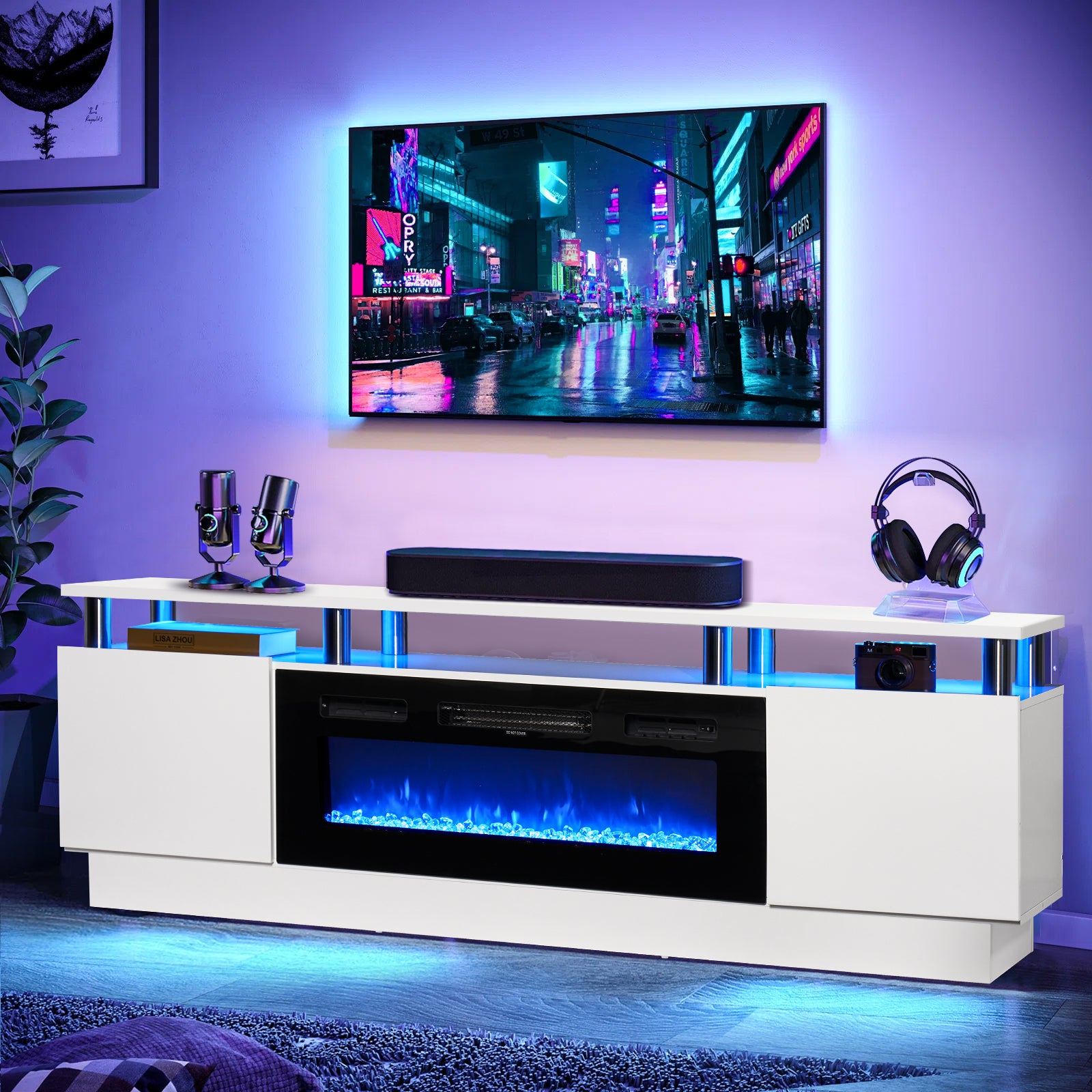 Fireplace Tv Stand With 36" Electric Fireplace, Led Light Entertainment Center for Tvs Up To 80", white