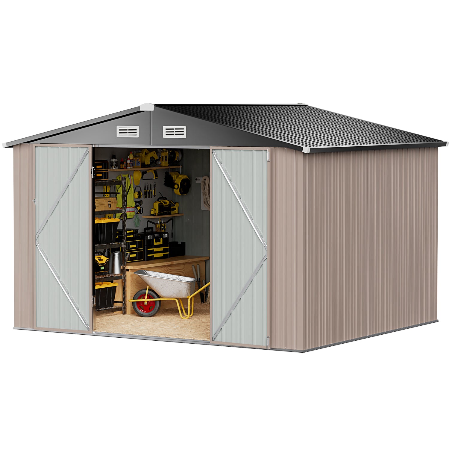 7.6 x 9.7 FT Outdoor Storage Shed with Base Frame, Metal Shed for Garden, Backyard, Patio, Brown