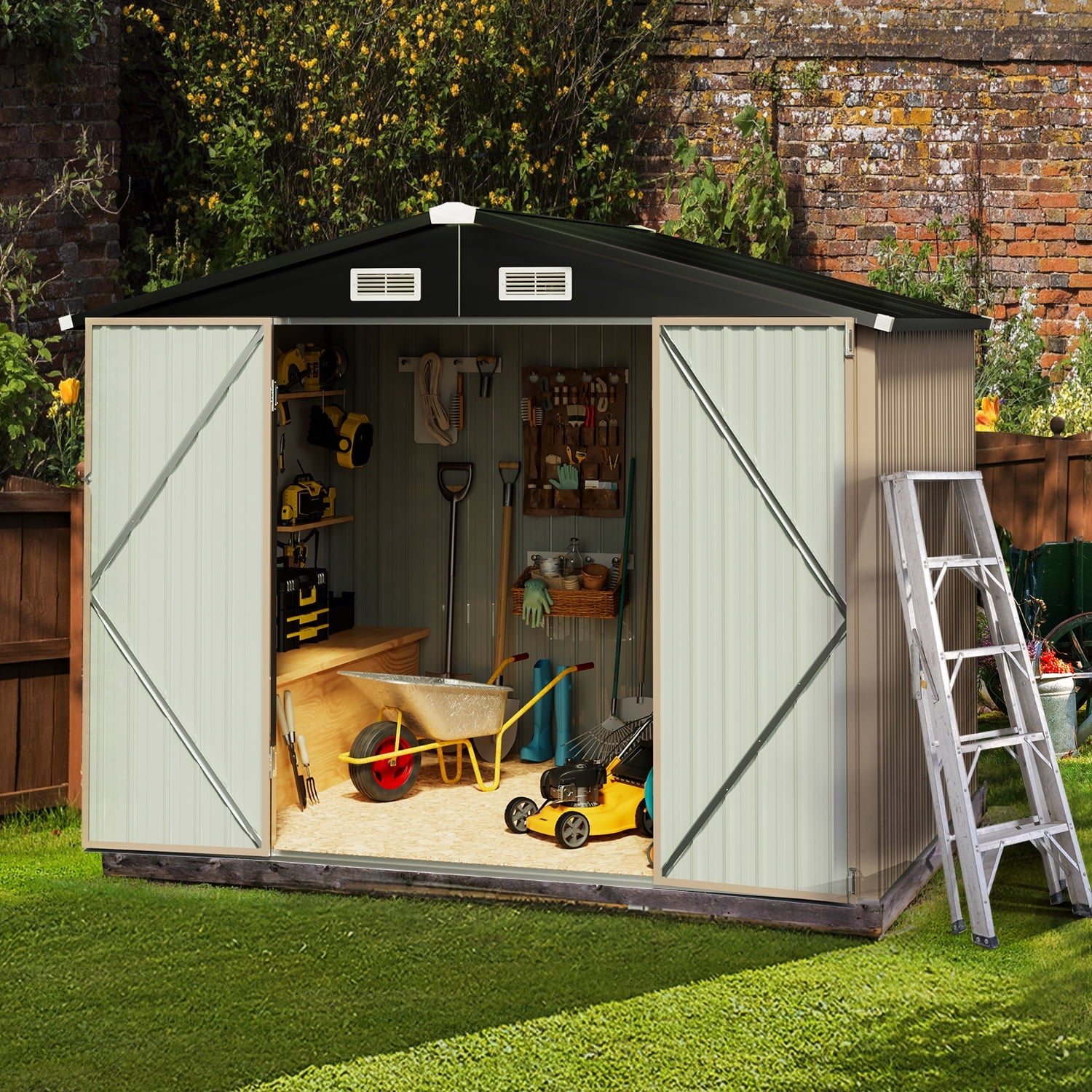 8.5 x 5.6 FT Outdoor Storage Shed, Metal Shed for Garden, Backyard, Patio, Brown