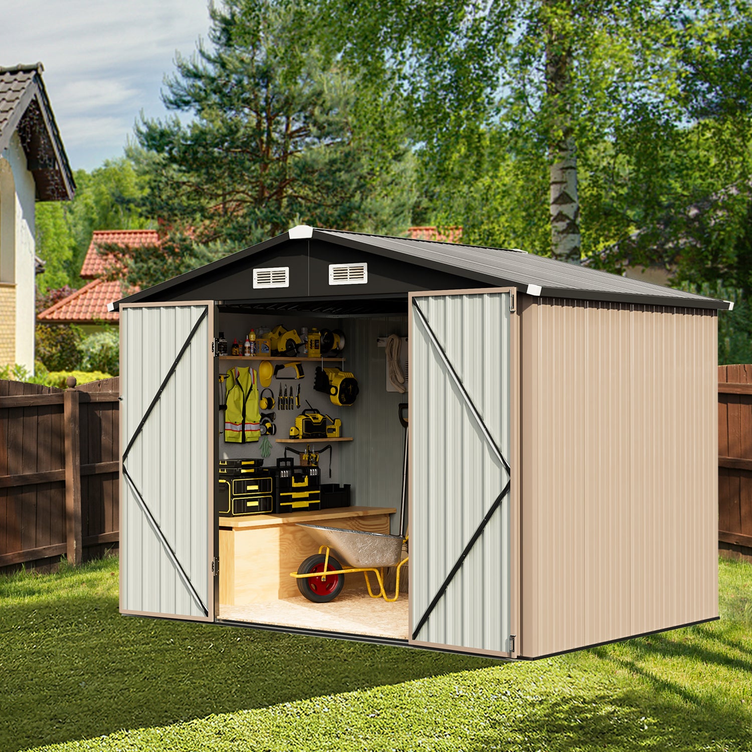 8.5 x 5.6 FT Outdoor Storage Shed with Base Frame, Metal Shed for Garden, Backyard, Patio, Brown