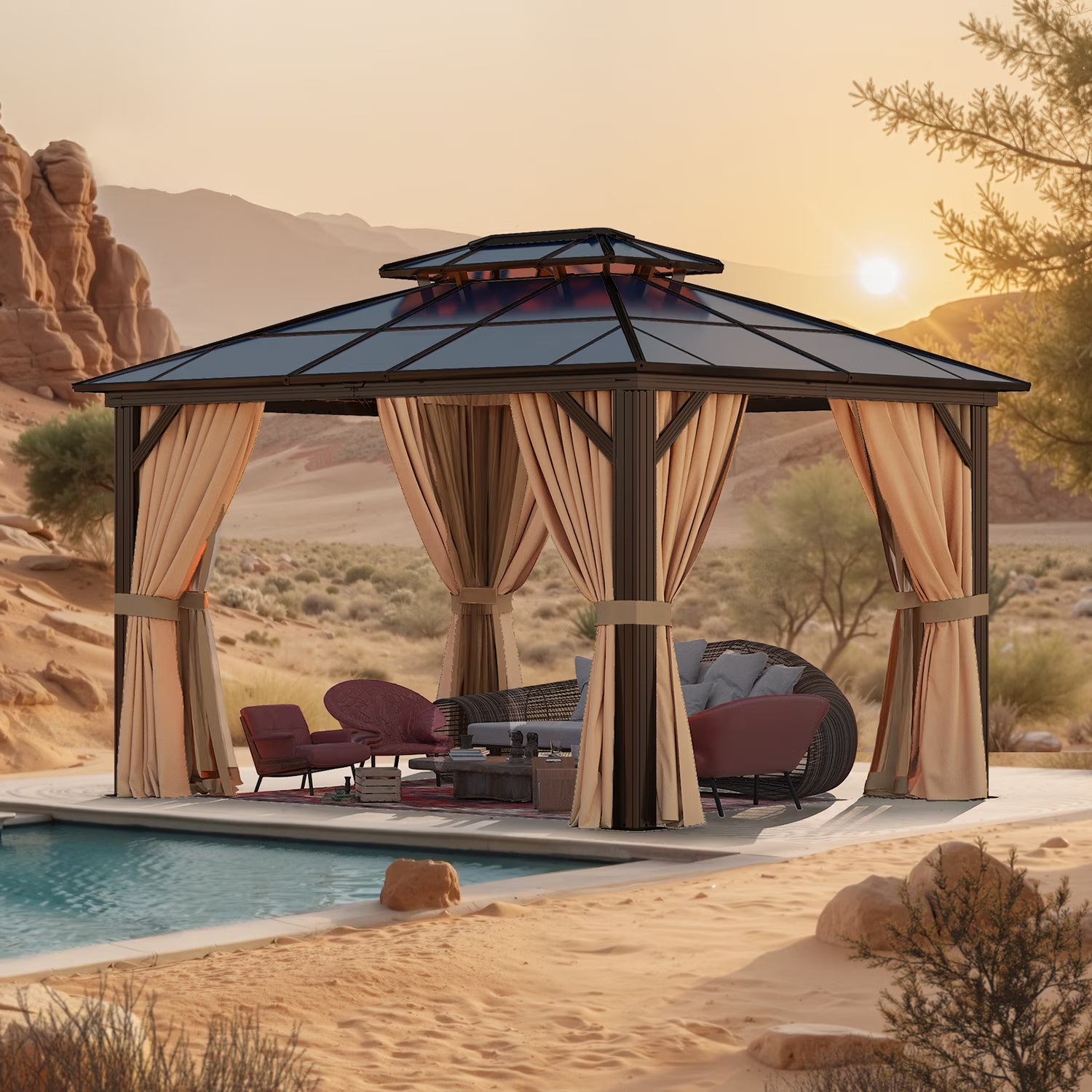 Sunmthink 10' x 12'Hardtop Gazebo,Polycarbonate Double Roof,Aluminum Frame with Curtains and Netting for Patio,Garden,Brown