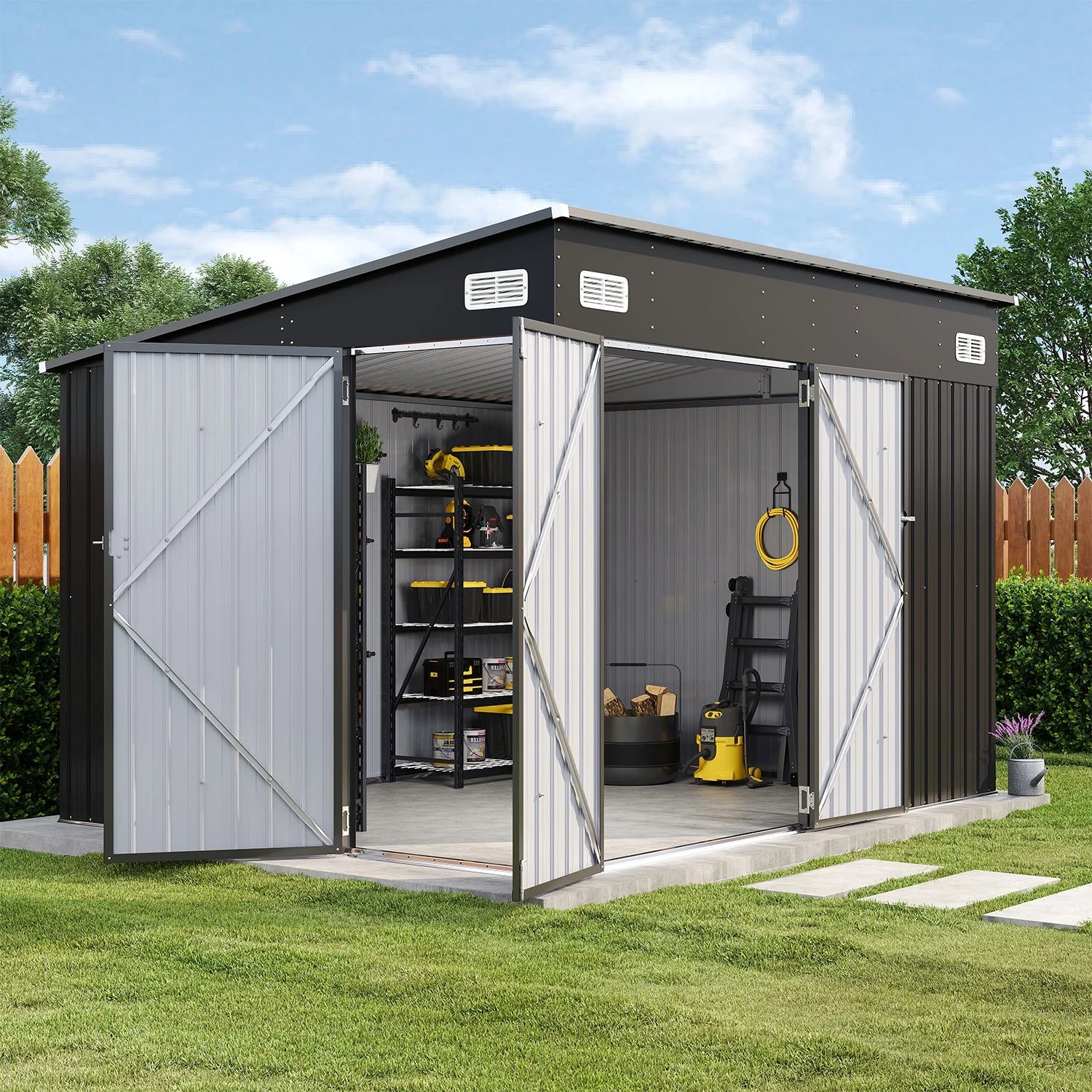 Sunmthink 10' x 8' Metal Storage Shed with Triple Doors, Lockable Lean-to Design & Vents, Black