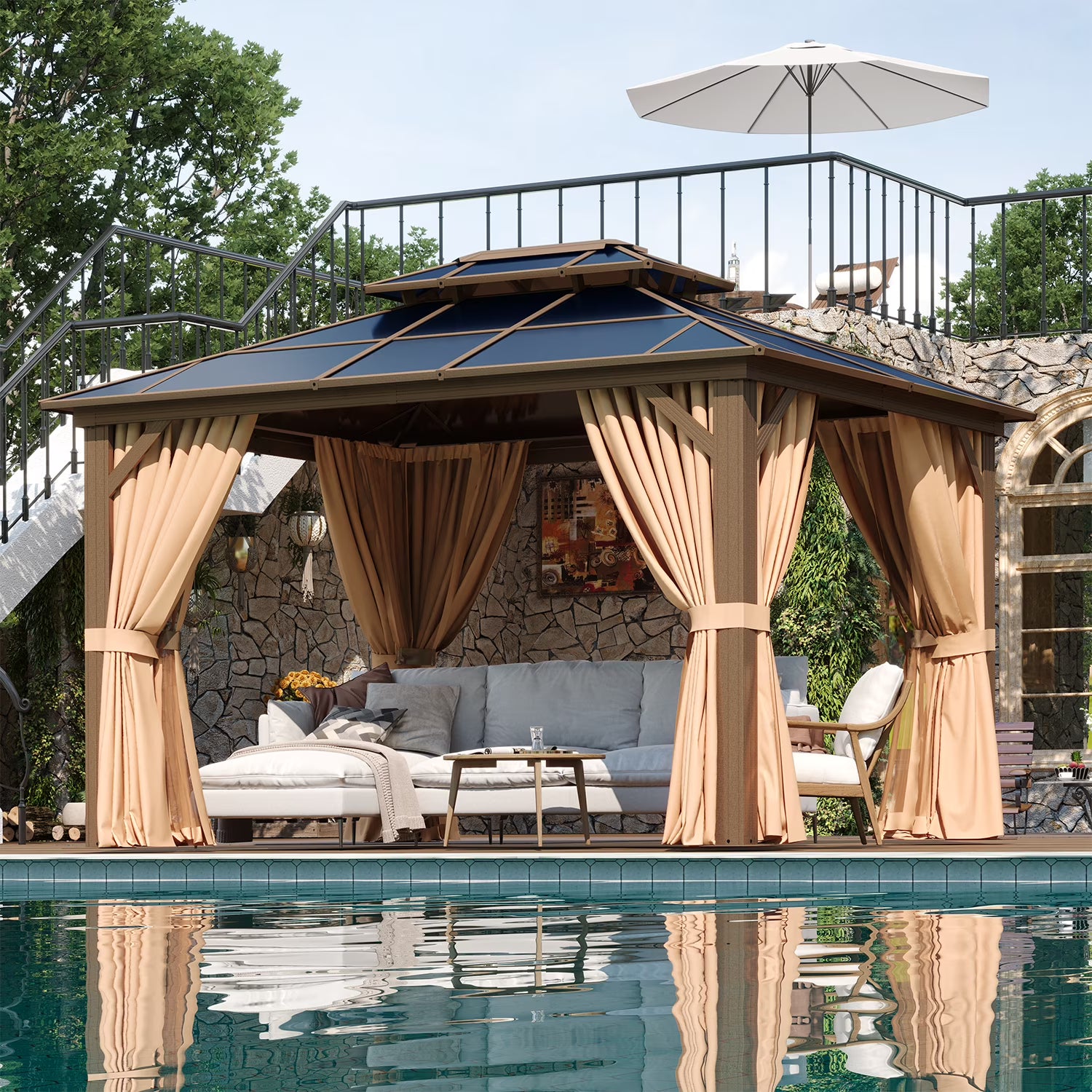 Sunmthink 10'x12' Hardtop Steel Gazebo - Durable Polycarbonate Double-Roof Design with Included Privacy Curtains & Bug Netting - Ideal for Gardens, Patios and Backyards (Brown)