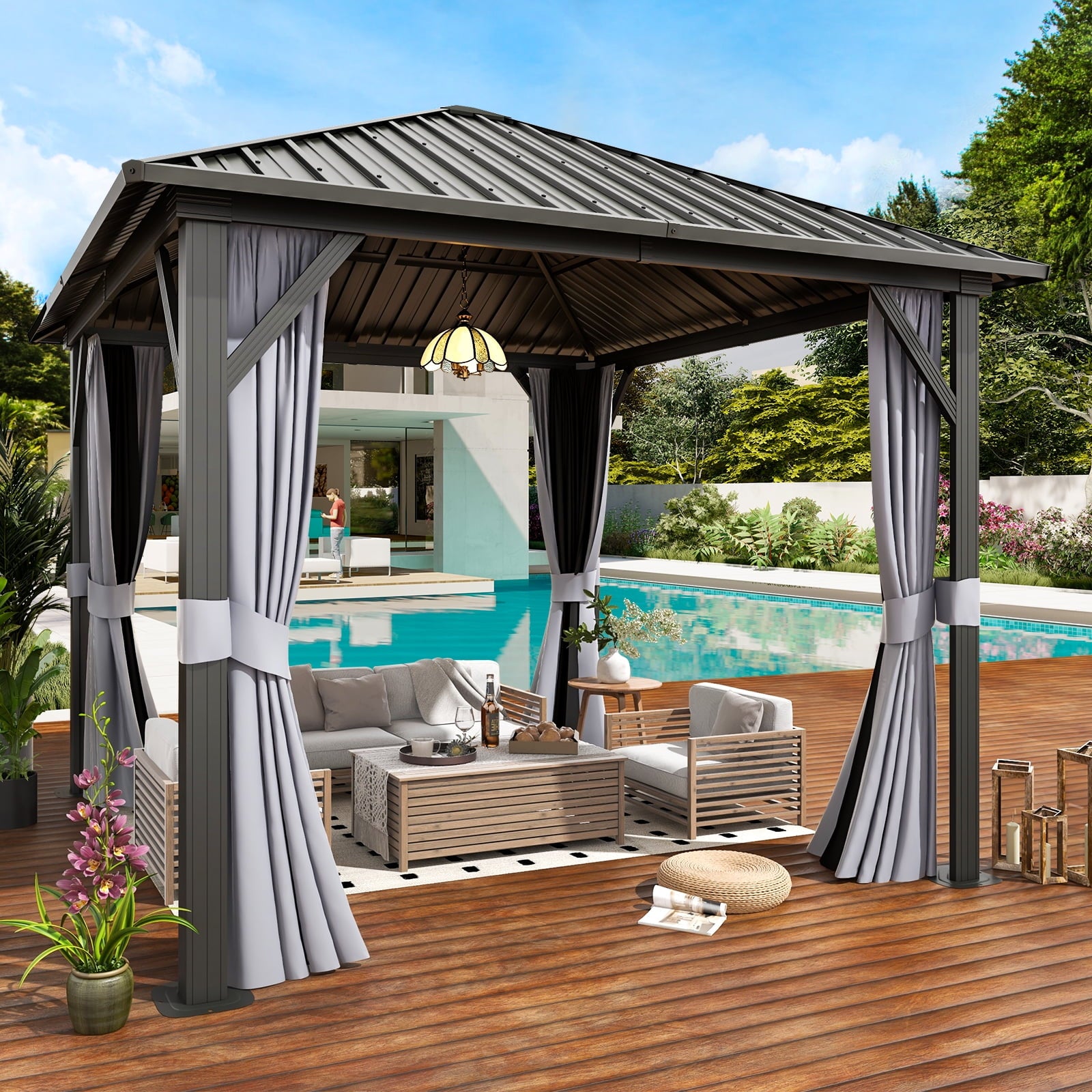 10x10 Outdoor Hardtop Gazebo, Aluminum Frame Gazebo with Removable Mesh Walls and Curtains for Patio, Lawns, Gray