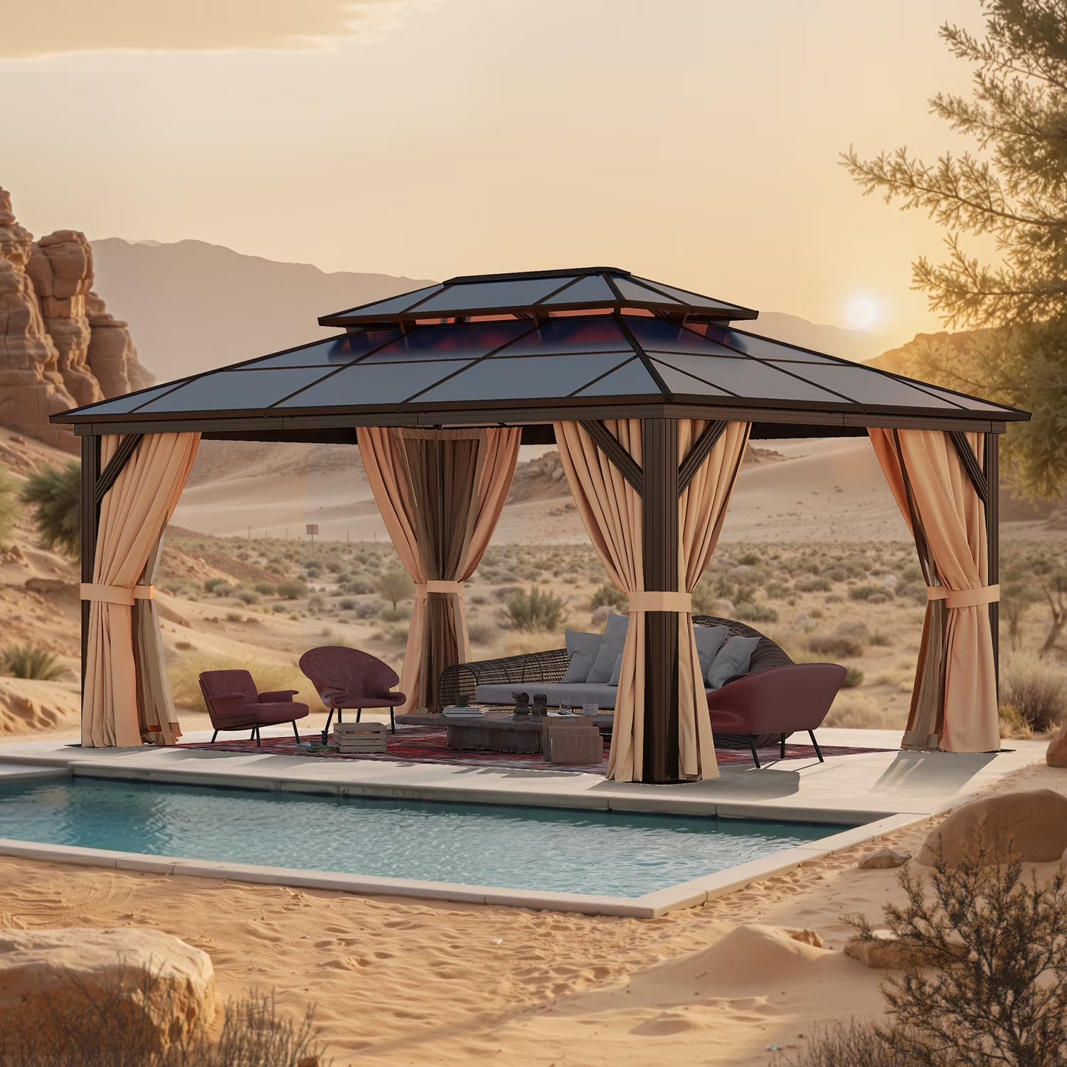 Sunmthink 12' x 16'Hardtop Gazebo,Polycarbonate Double Roof,Aluminum Frame with Curtains and Netting for Patio,Garden,Brown