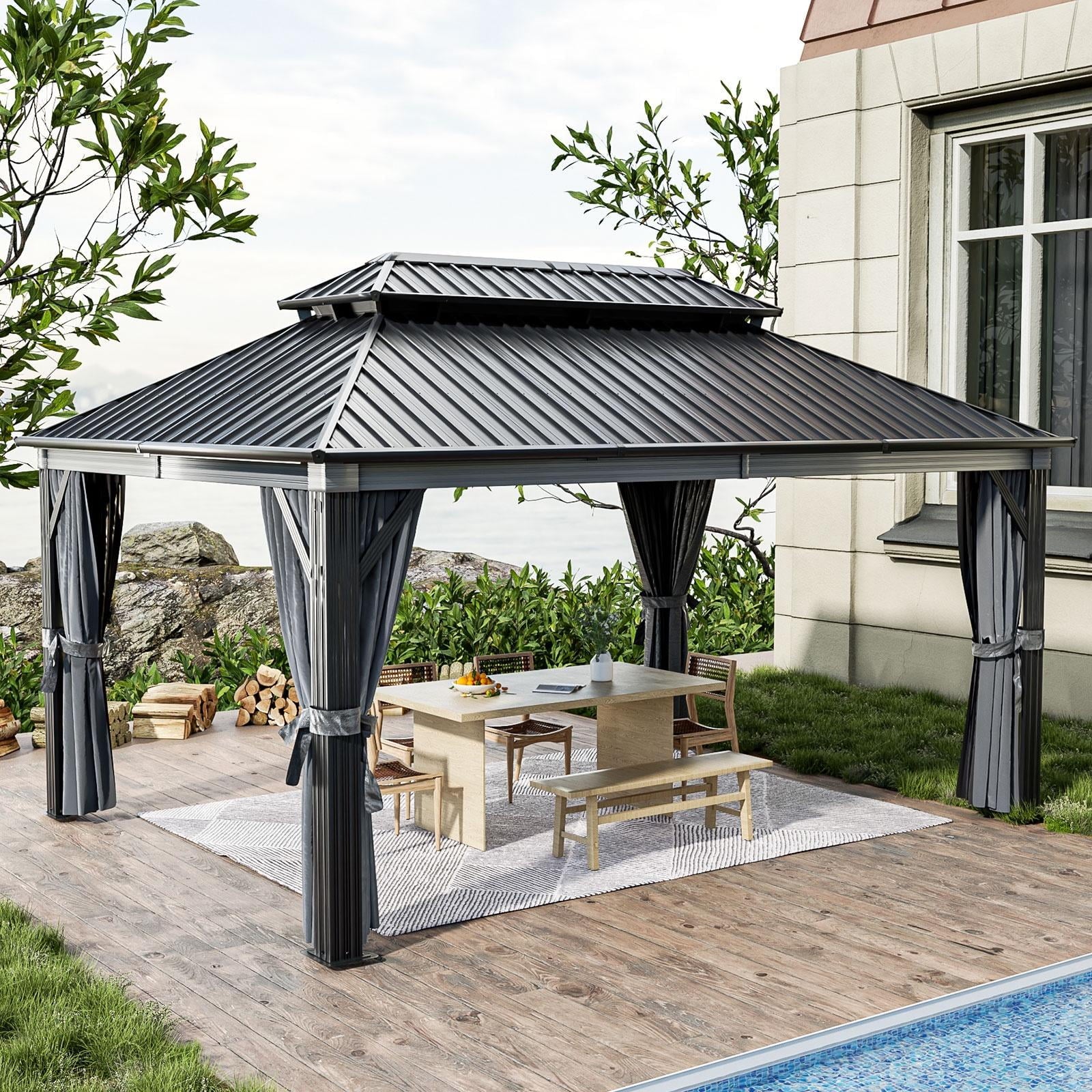 12' x 16' Outdoor Hardtop Gazebo, Galvanized Double Roof Gazebo with Curtain and Netting for Patio, Garden, Lawn, Party