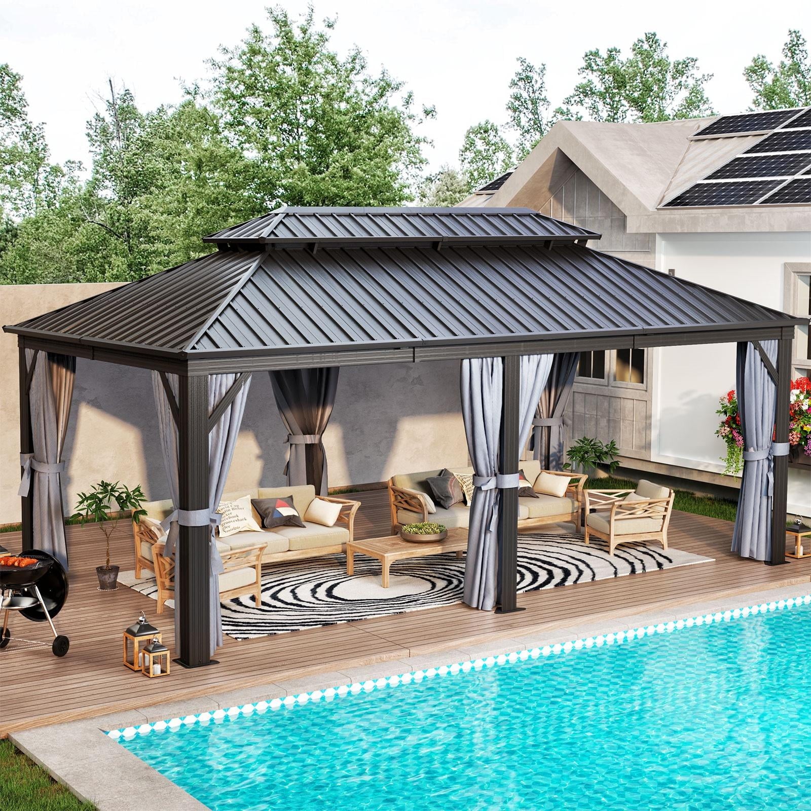 12' x 20' Outdoor Hardtop Gazebo, Galvanized Double Roof Gazebo with Curtain and Netting for Patio, Garden, Lawn, Party