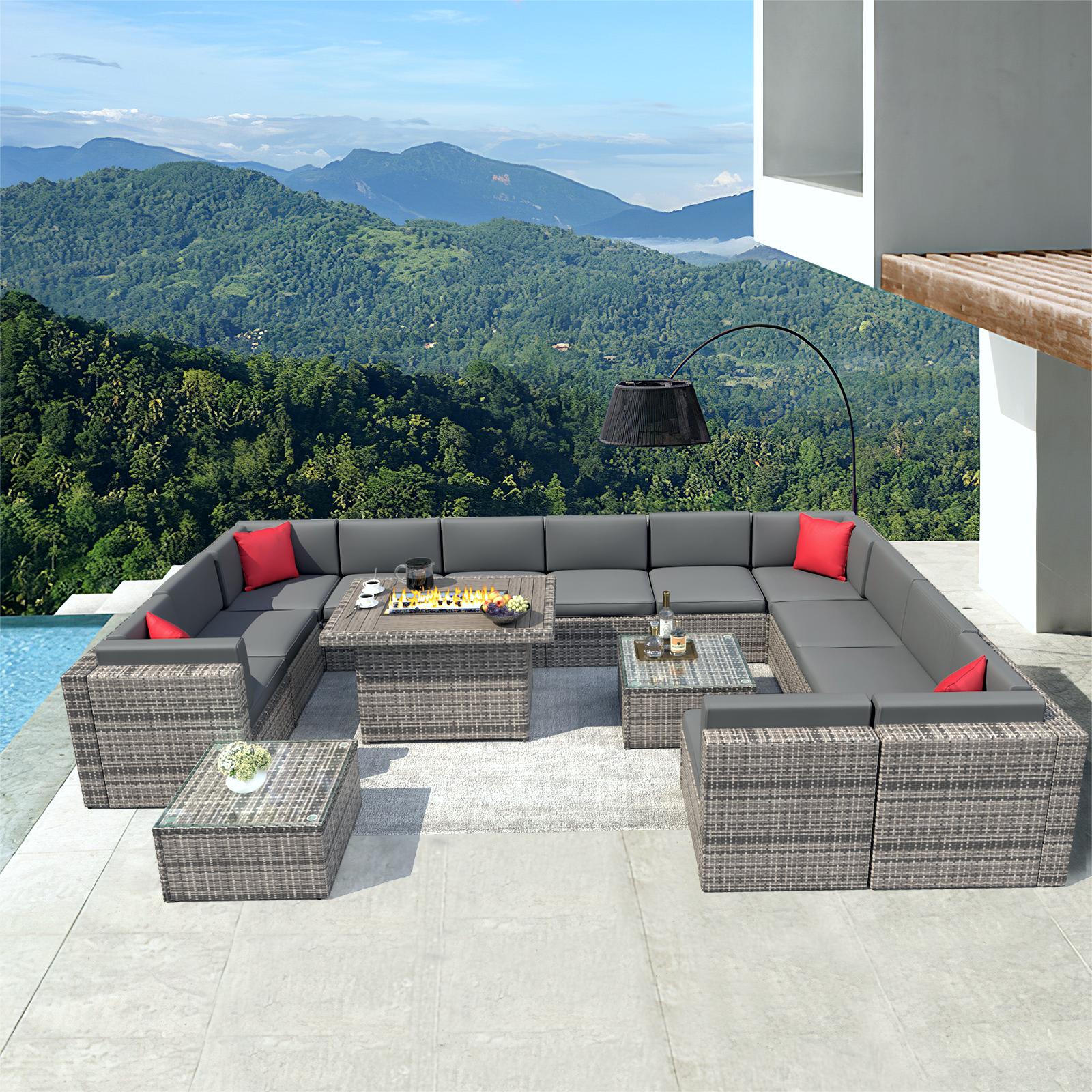 15 Pcs Furniture Sets with Fire Pit Table, Grey, Patio Sectional for Garden, PE Rattan