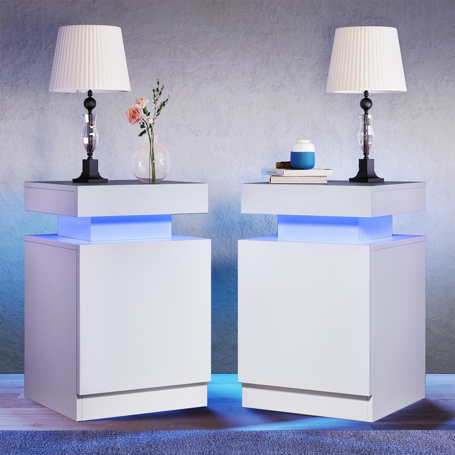 2 Pcs Nightstand with Led Lights, End Table Suitable for Bedroom, Sofa Side, White