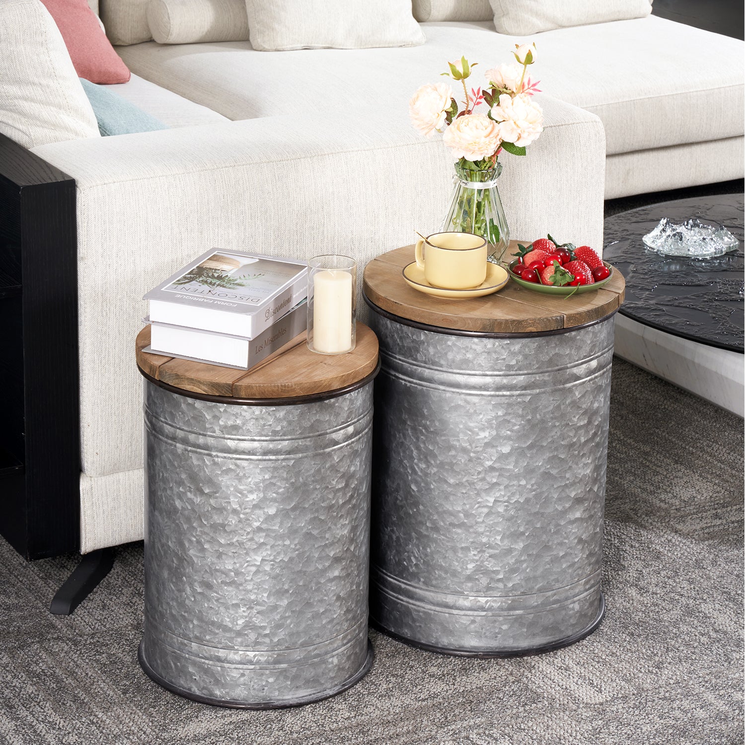 Sunmthink 2 Piece Rustic End Table with Storage, Ottoman Seat with Round Wood Lid, Silver