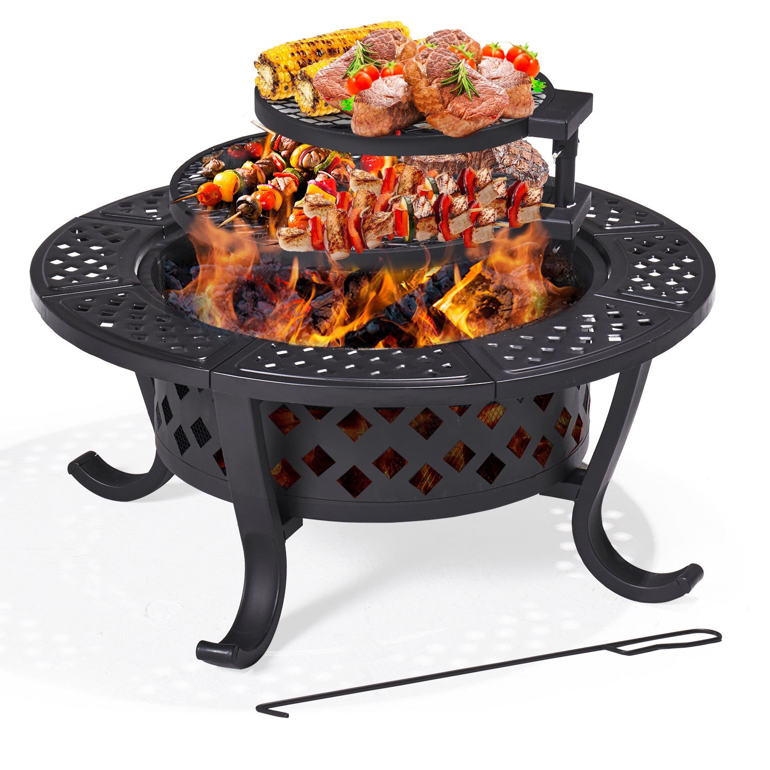 28" Metal Burning Fire Pit with 2 Removable Cooking Swivel, BBQ, Party