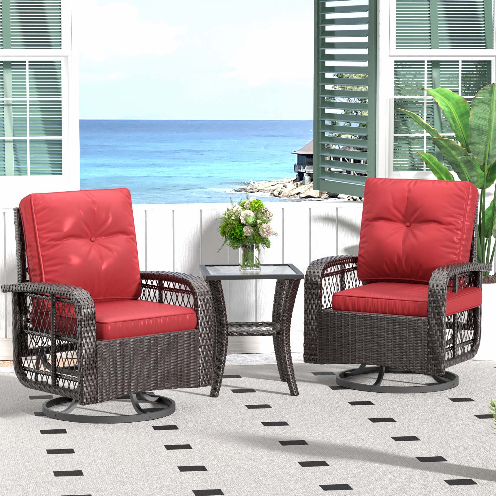 3 Pcs Outdoor Wicker Swivel Rocker Patio Set,360 Degree Swivel Rocking Chairs Elegant Wicker Patio Bistro Set with Premium Cushions and Armored Glass Top Side Table for Backyard -Red