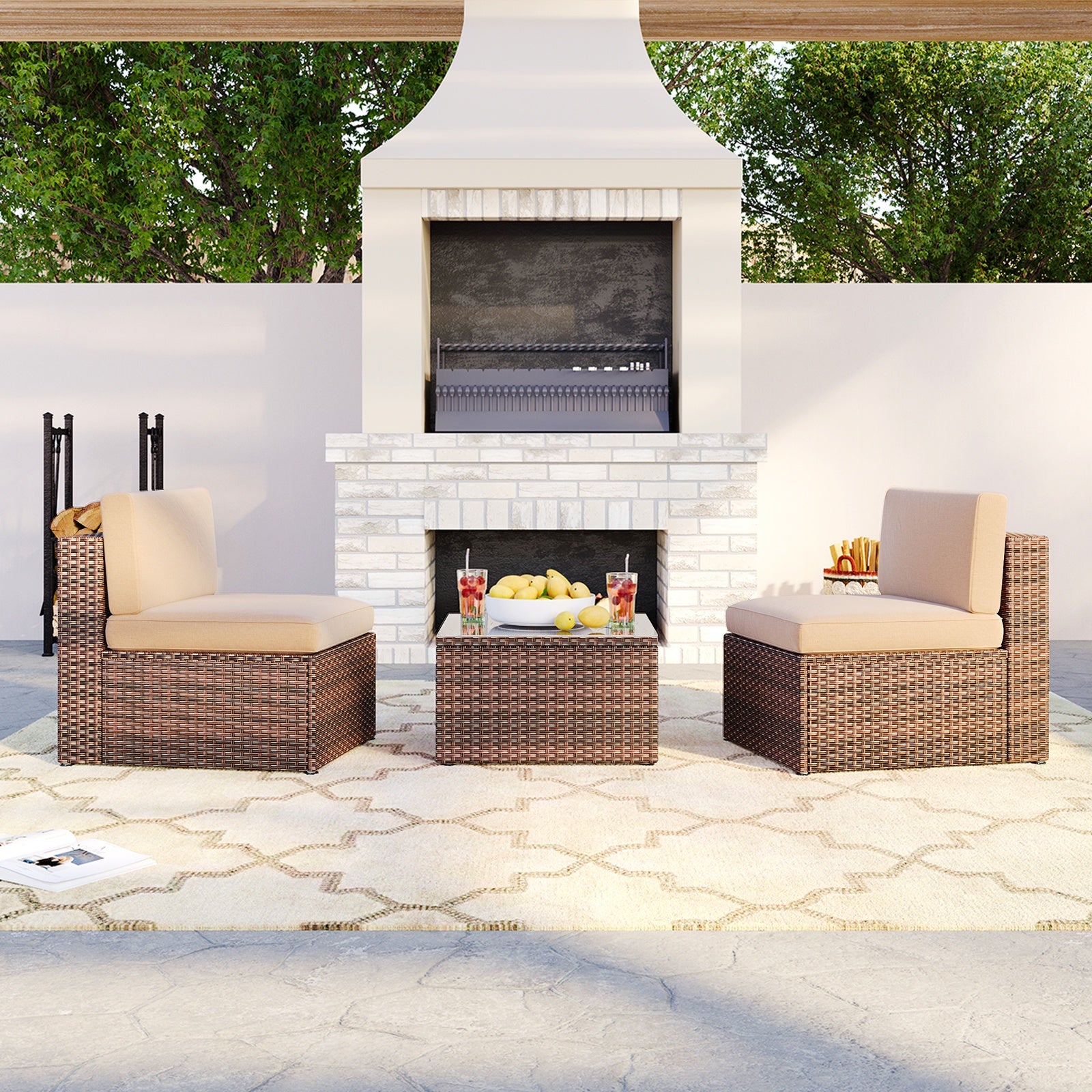 3 Pcs Patio Furniture Sets with Coffee Table,Patio Conversation Sets,Brown