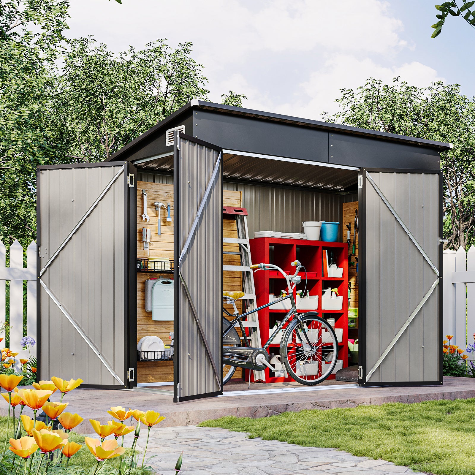 4' x 8' Metal Storage Shed, Outdoor Storage Lean-to Shed with Triple L