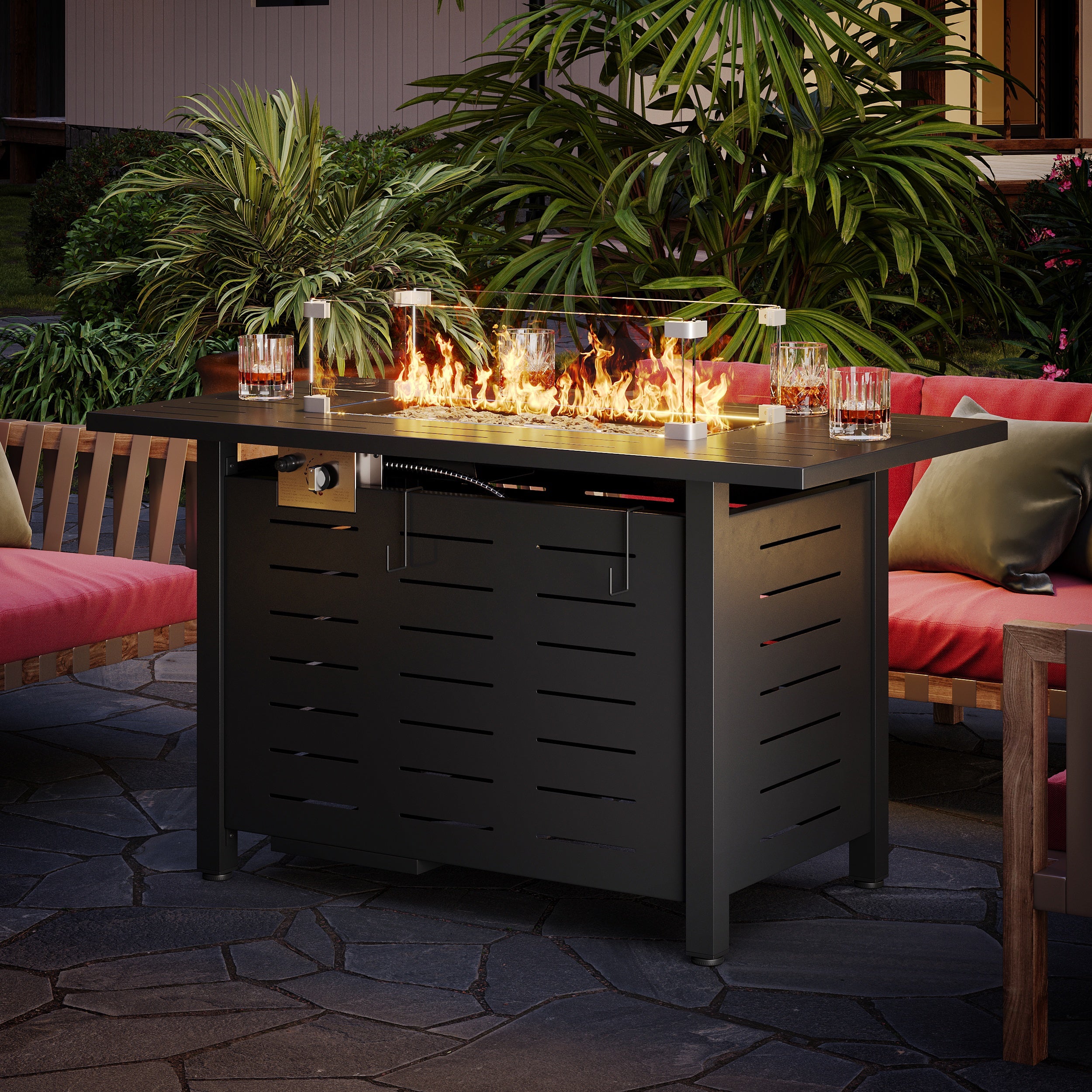 44" Propane Fire Pit Table, 50,000 BTU Auto Ignition Steel Gas Fire Pit with Removable Lid & Waterproof Cover for Patio, Backyard, Black