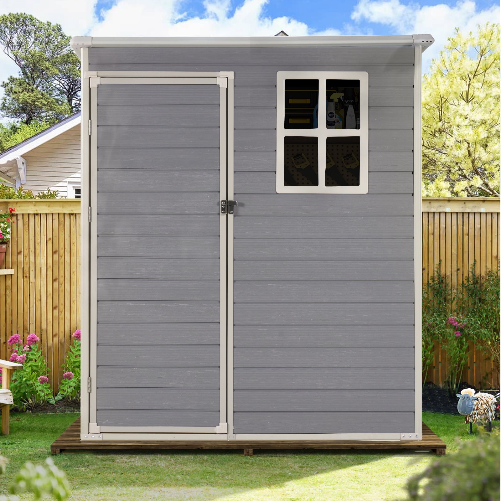 5' X 3' Resin Outdoor Shed with Base Frame, Plastic Shed with Window and Lockable Door, for Garden, Ptaio, Backyard, Gray