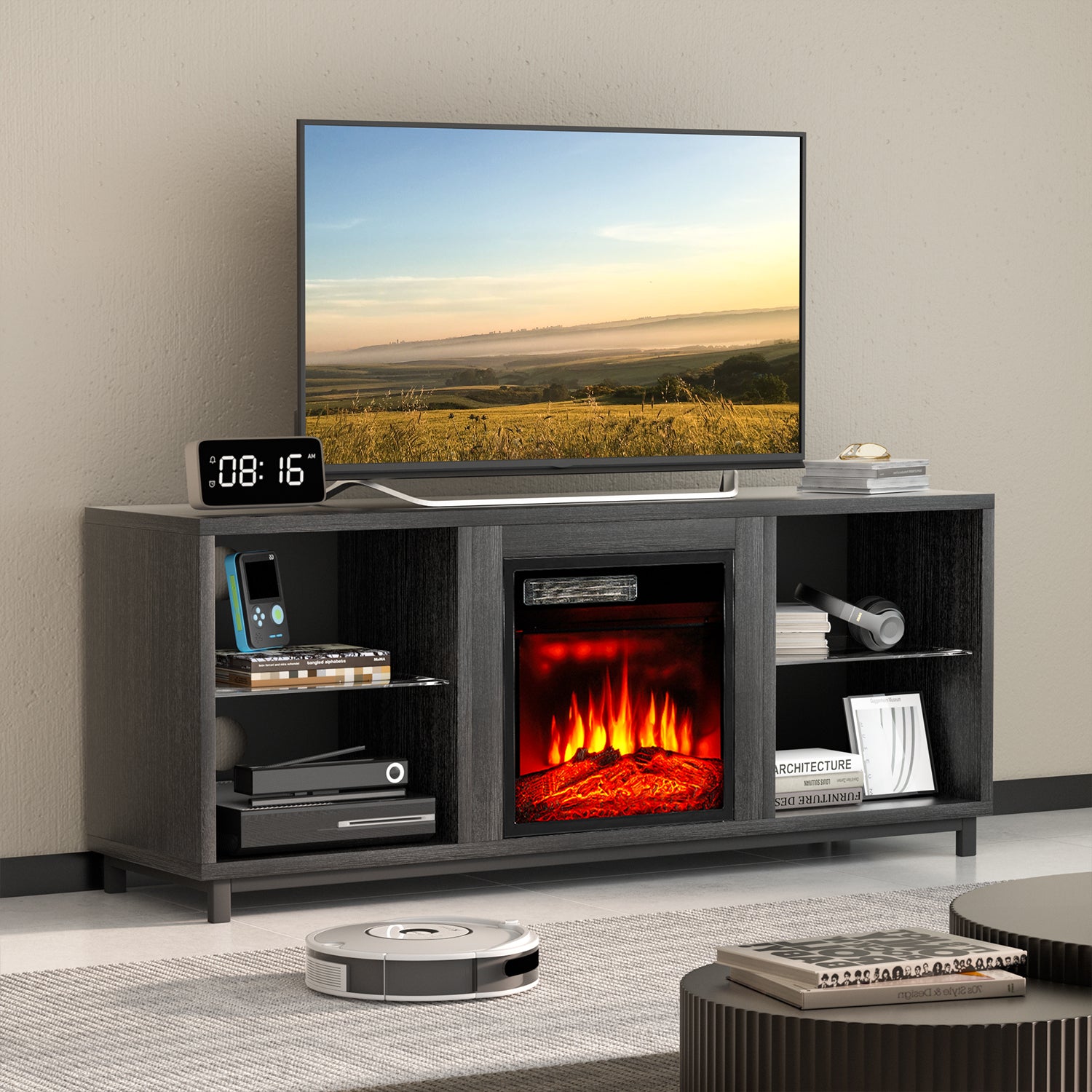 Sunmthink 58" Electric Fireplace TV Stand with Adjustable Glass Shelves, for TVs up to 65", Black