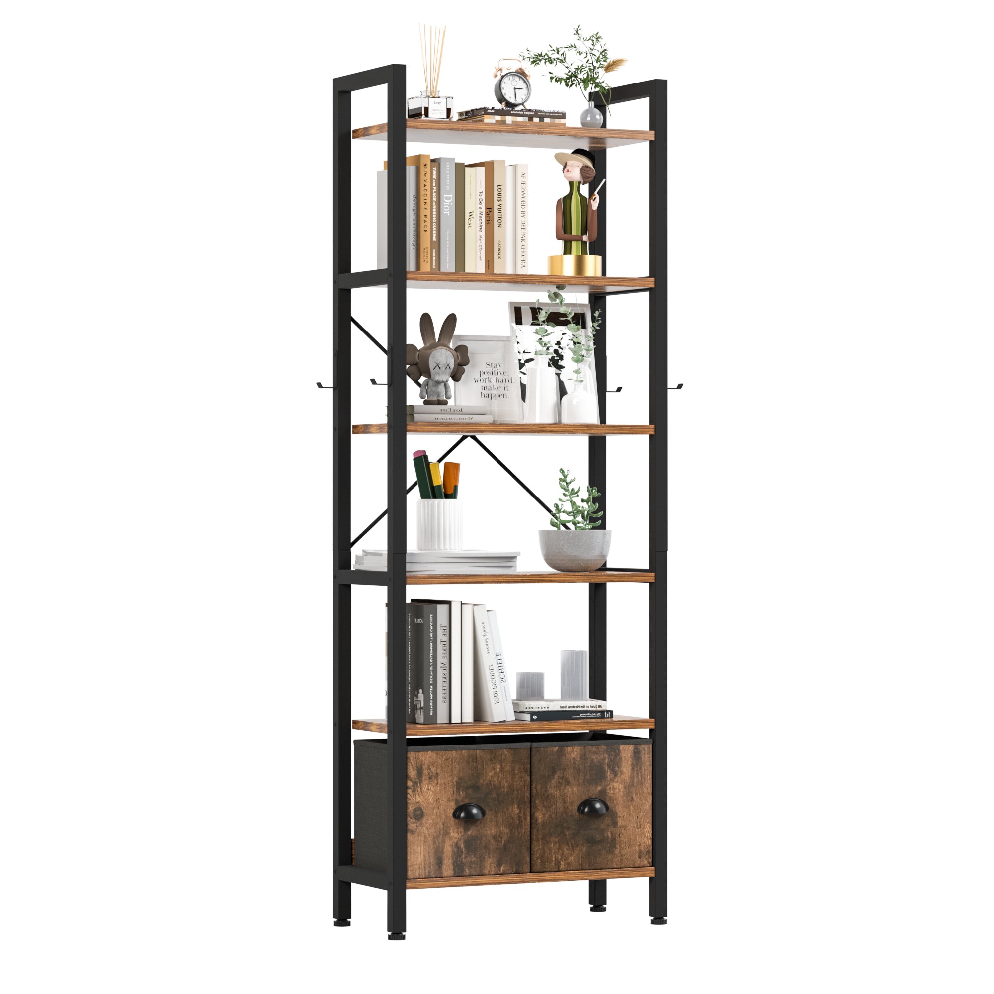 Sunmthink 6 Tier Bookshelf with Drawers, Tall Bookcase with Shelves, Narrow Book Shelf Storage Organizer, Brown