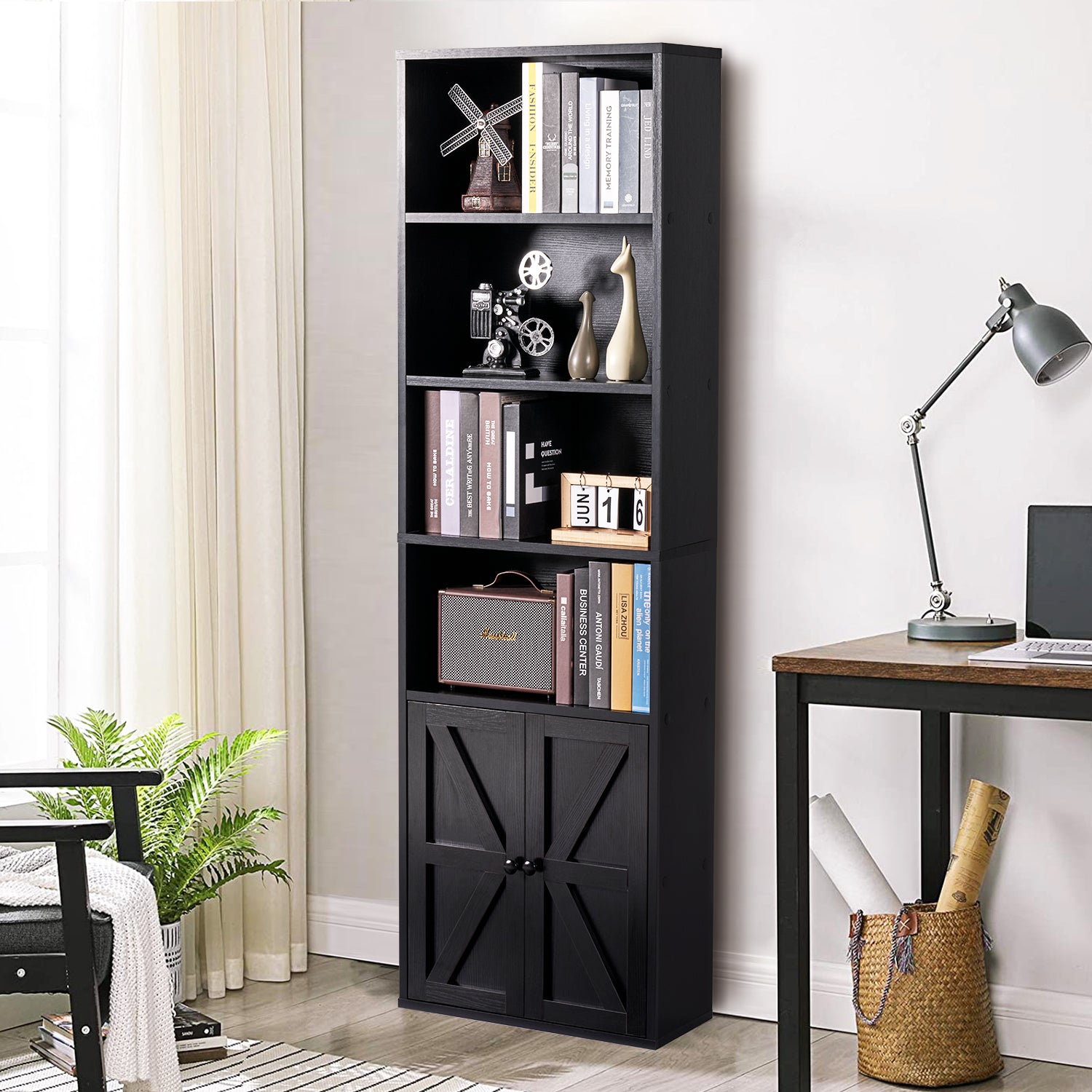 6 Tier Standard Bookcase with Storage and Two Barn Doors, Black