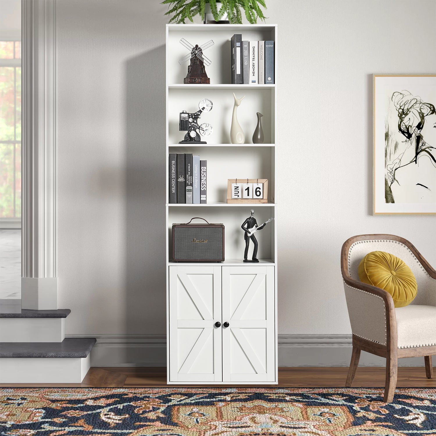 6-tier Standard Bookcase with Storage and Two Barn Doors, White