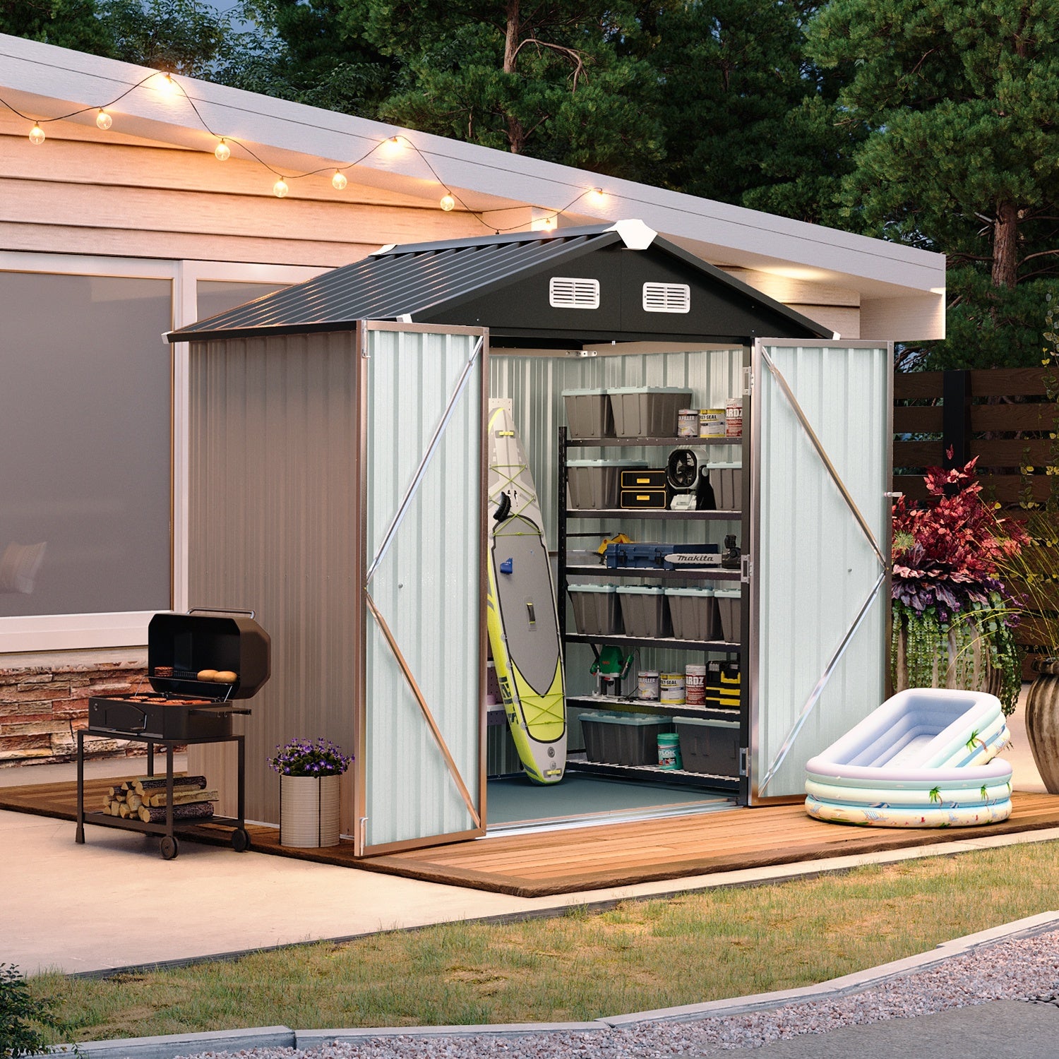 6X4FT Outdoor Storage Shed with Plastic Floor, Metal Tool Shed with Lockable Door and Vents, Patio Shed for Garden, Backyard, Poolside, Brown