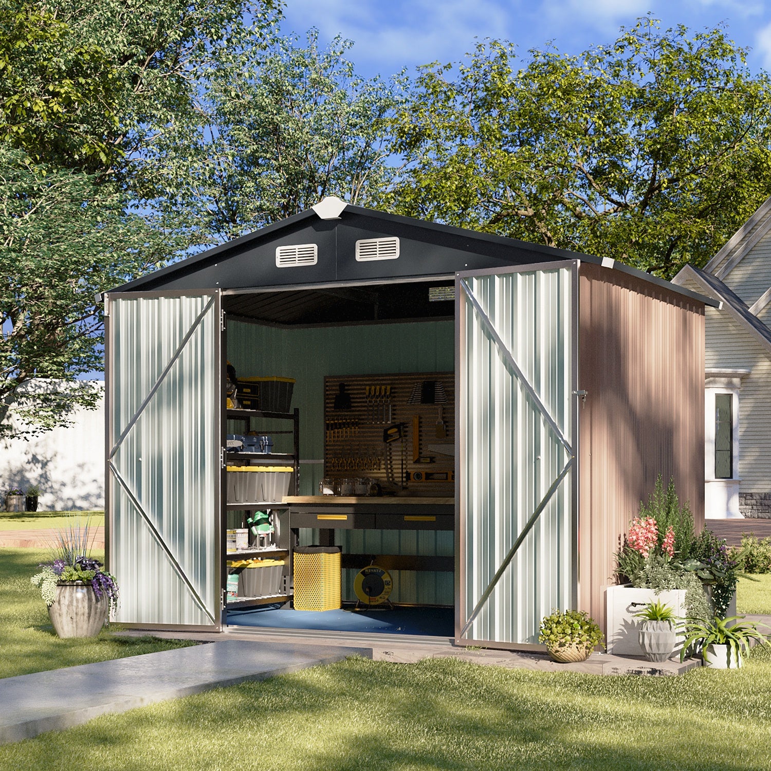 6X8FT Outdoor Storage Shed with Plastic Floor, Metal Tool Shed with Lockable Door and Vents, Patio Shed for Garden, Backyard, Poolside, Brown