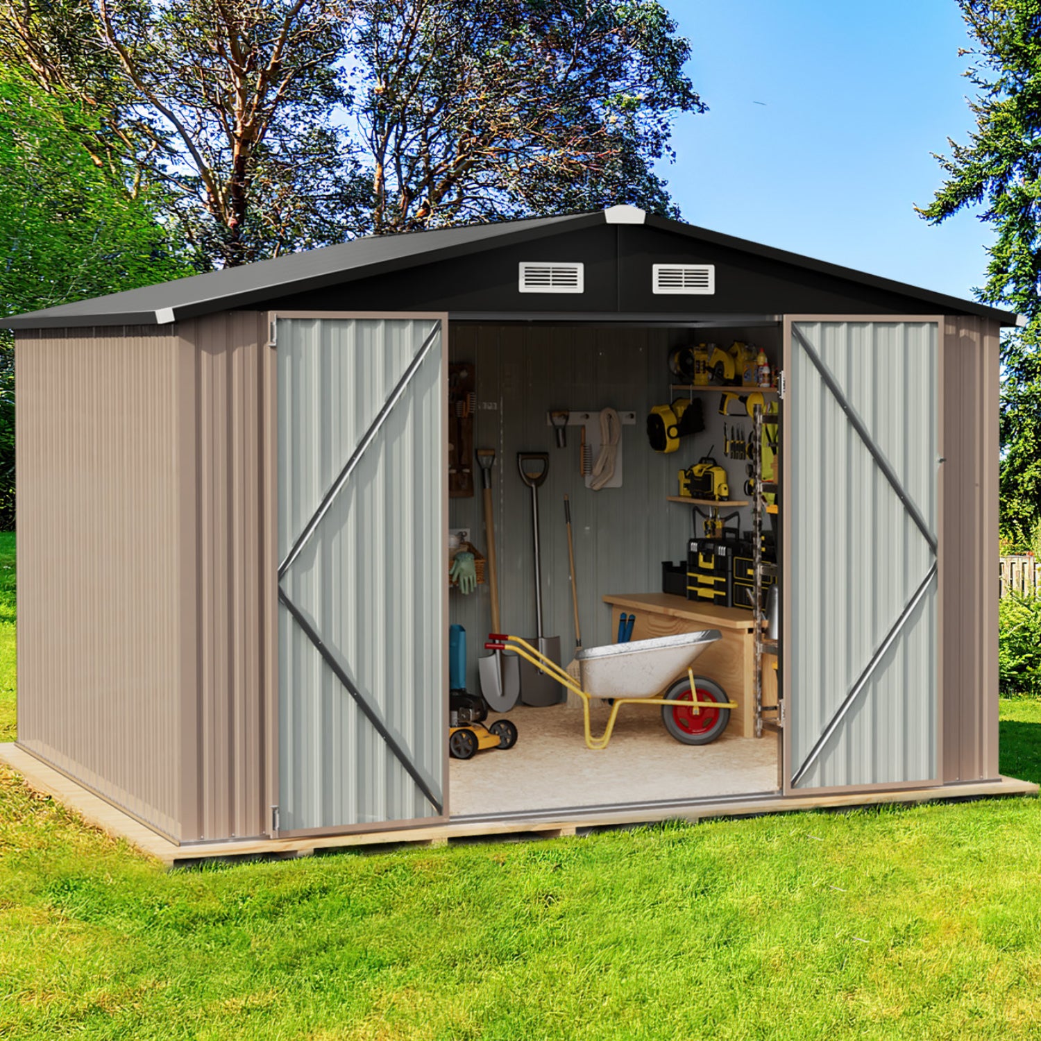 Sunmthink 7.6 x 9.7 FT Outdoor Storage Shed with Base Frame, Metal Shed with Lockable Door, Tool Shed for Garden, Backyard, Patio, Lawn(Floor not included)