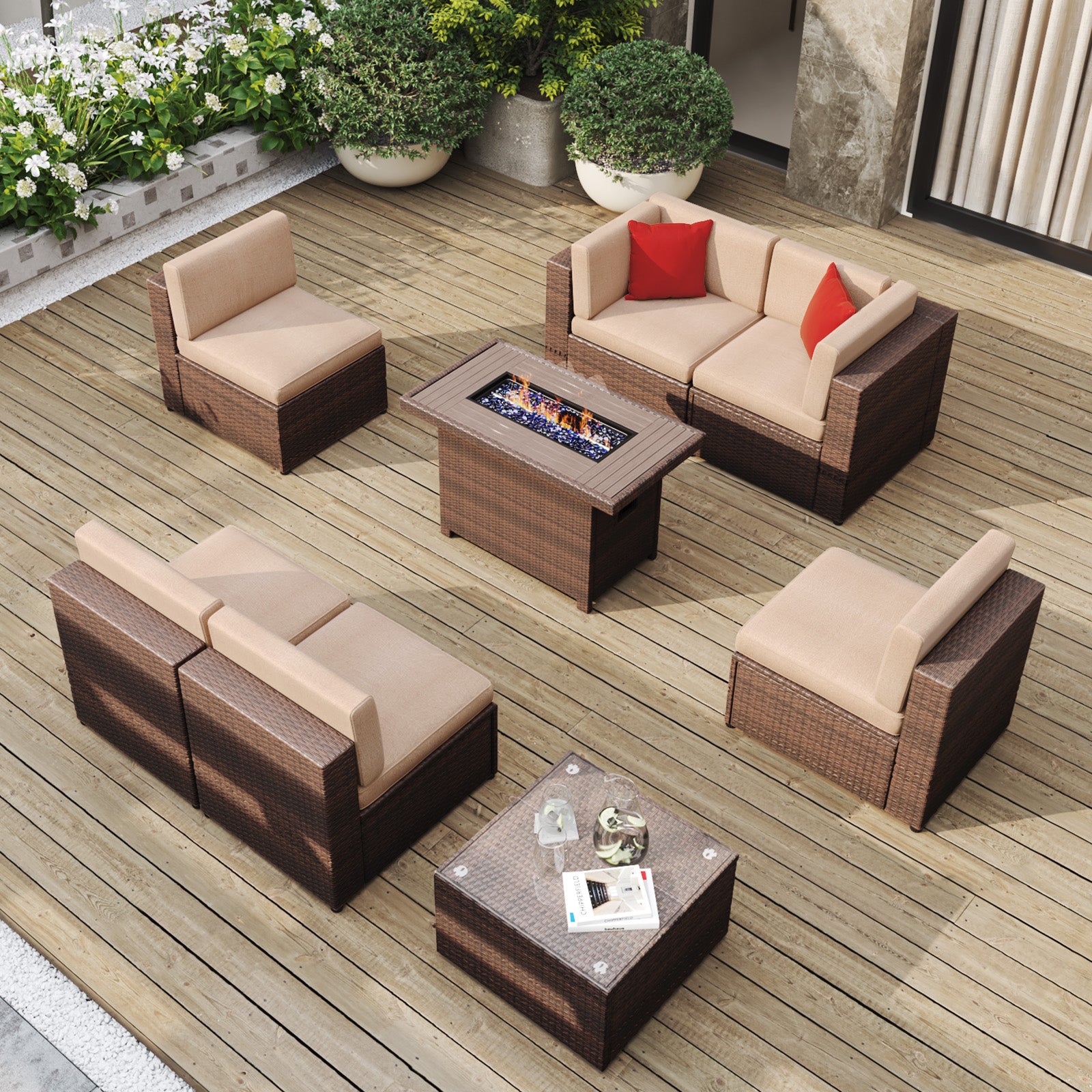 8 Pcs Patio Conversation Sets with Fire Pit Table,Outdoor Funituire Sets Begie