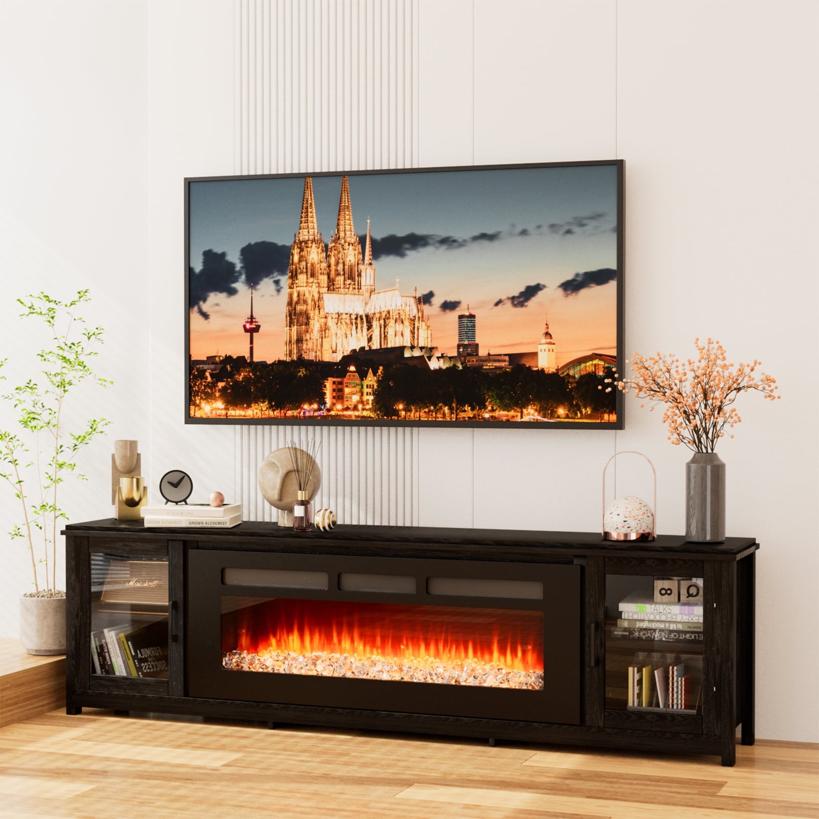 80" Fireplace TV Stand, Entertainment Center with 50" Electric Fireplace, Media Console Table Designed for Living Room, Black