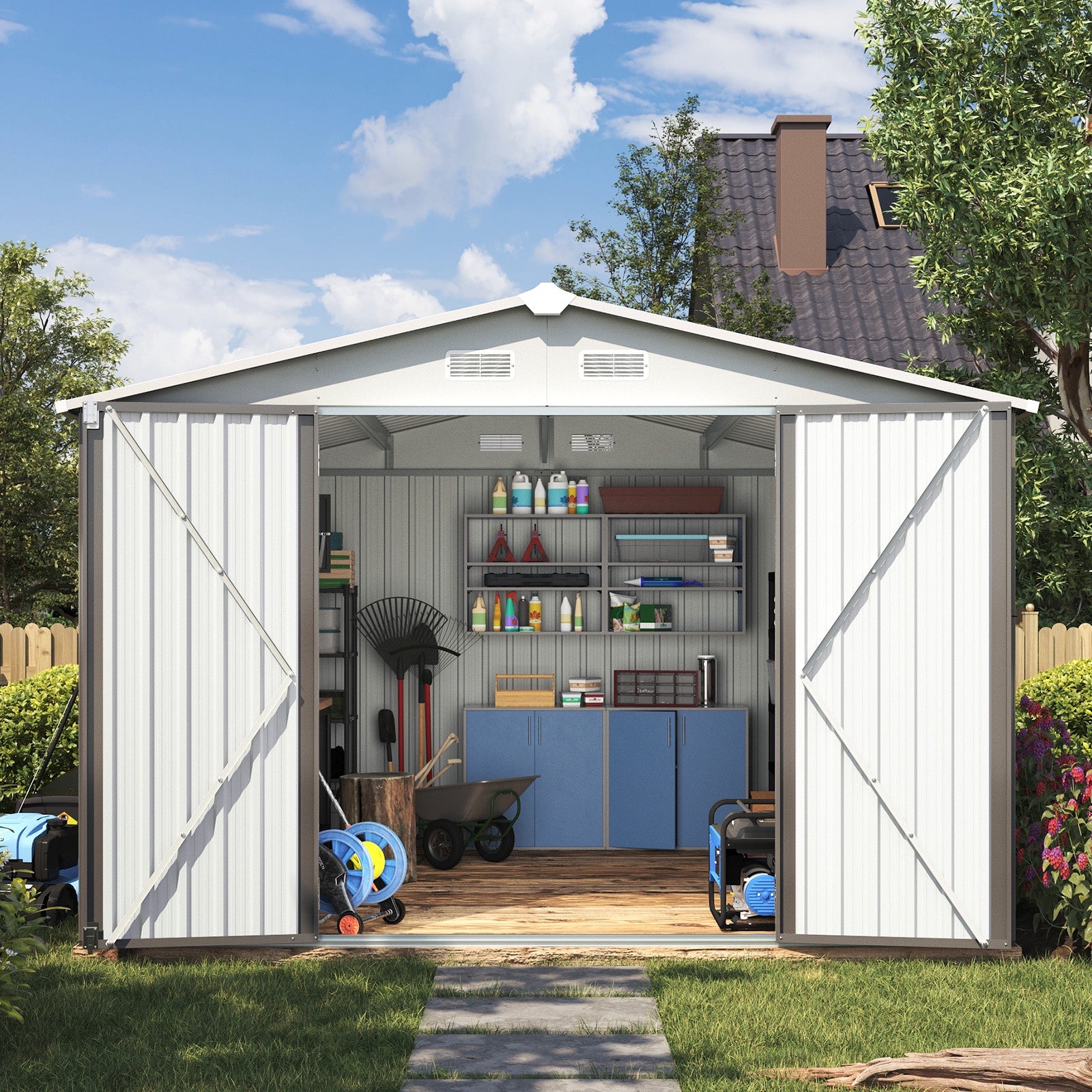 9.5 x 9.5 FT Outdoor Storage Shed, Patio Large Metal Shed with Lockable Door Waterproof Tool Shed for Paio, Lawn, Gray