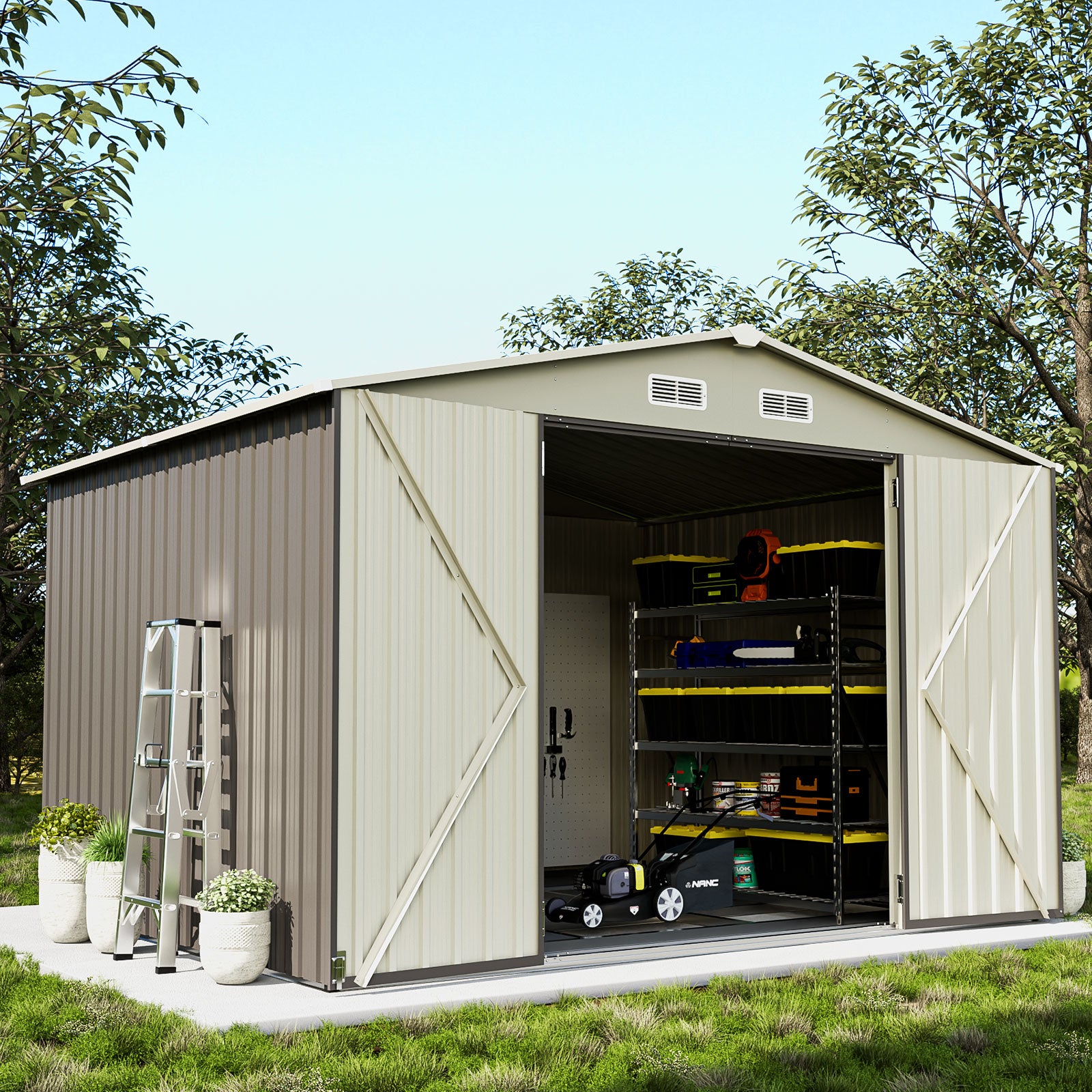 9.6' x 7.8' Outdoor Storage Shed, Metal Shed with Lockable Door & Air Vent for Backyard, Garden, Gray