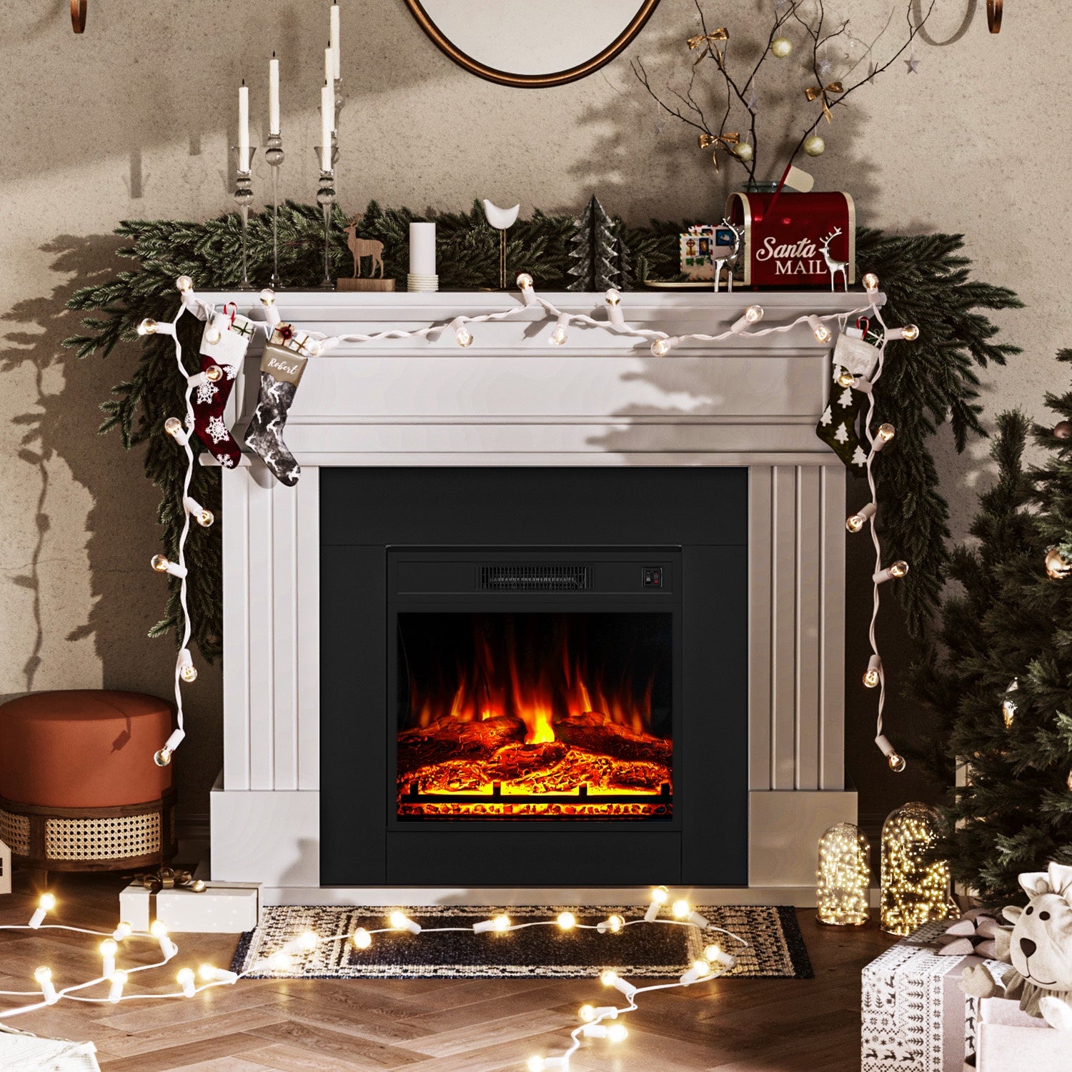 Electric Fireplace with 43" Mantel, Freestanding 18" Fireplace Heater TV Stand with 3D Realistic Flame for Living Room, Bedroom, White