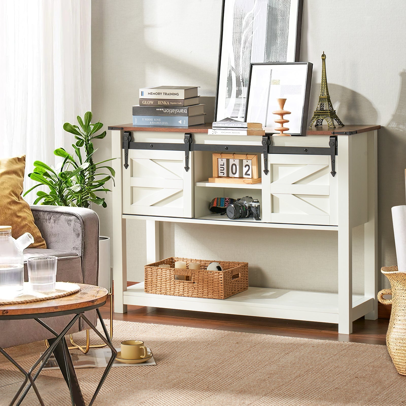 Entryway Table, Sliding Barn Doors, 46'' Farmhouse & Industrial Console Table with Storage, White